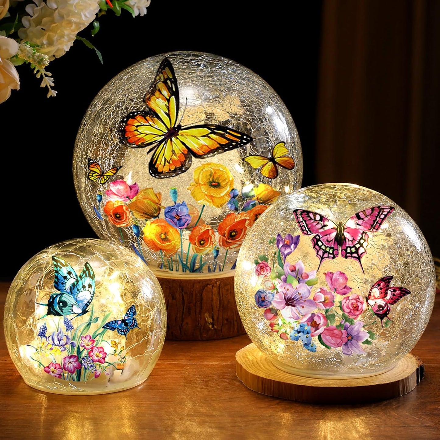 3pcs Spring Crackle Glass Ball Lights - Butterfly Ball Lamp Ornaments 