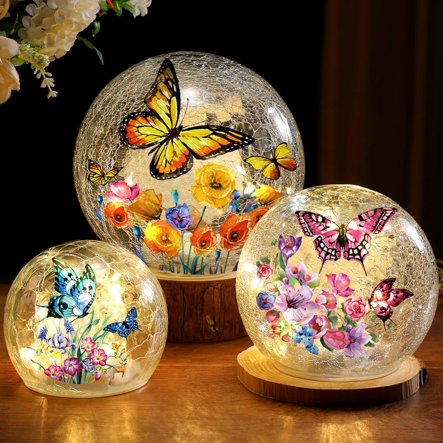 3pcs Spring Crackle Glass Ball Lights - Butterfly Ball Lamp Ornaments 