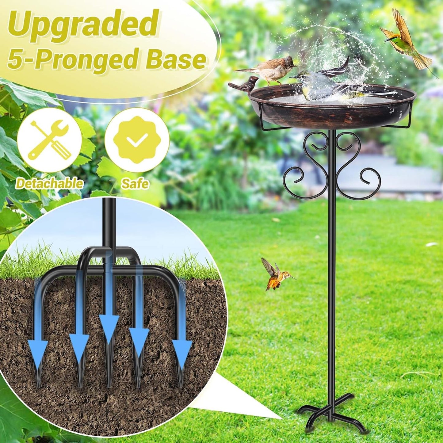 Metal Bird Bath for Outdoors, Vintage Freestanding Birdbaths with Bird Statue 12" Detachable Birdfeeder Bowl with 5- Pronged Base for Outside Garden Patio Yard Lawn Decor (Vintage Bronze)