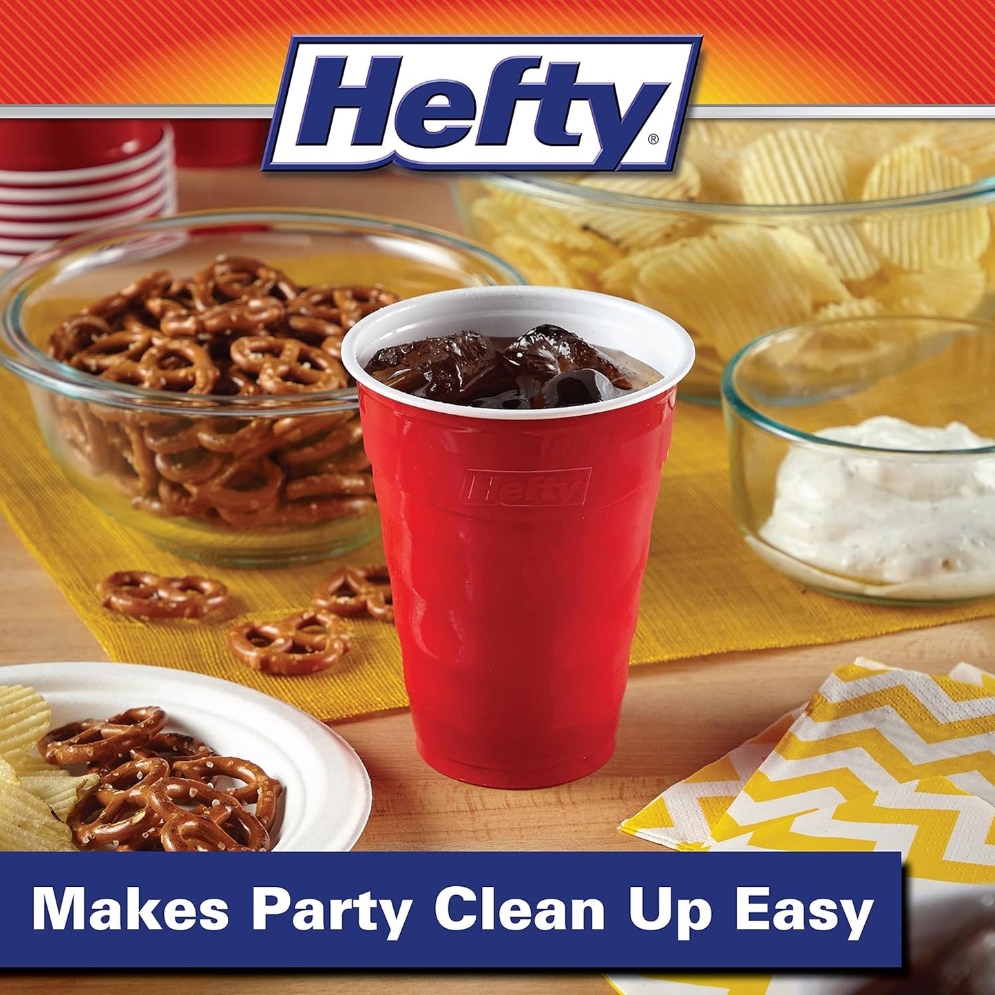 Hefty Party On Disposable Plastic Party Cups, 50 Count, 18 Oz Red Cups for Parties, Tailgates, Birthdays, Holidays, and More, Contoured Shape for Easy Gripping, Strong and Durable