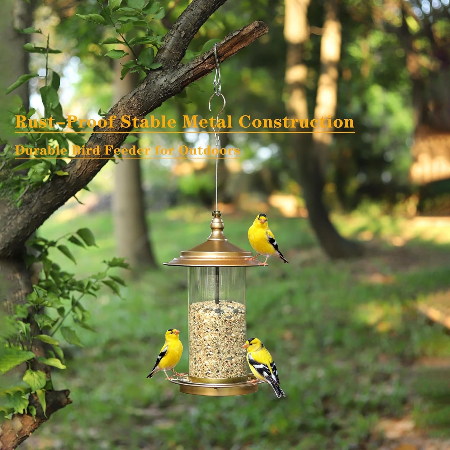 Bird Feeders for Outdoors,Hanging Bird Feeder with Locking Lid, Metal Birdfeeder 11.5 Inch with 17.5cm Weatherproof Large Roof&Tray,3 Feeding Perches,Copper,1 Pack