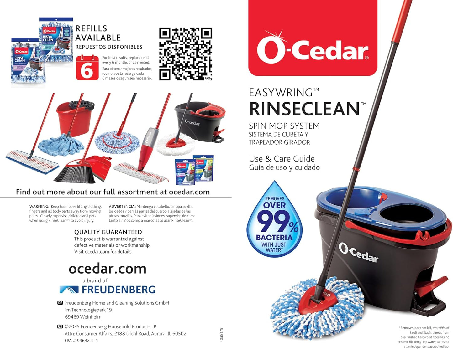 O-Cedar RinseClean Spin Mop & Bucket System | Clean with Water | Removes 99% of Bacteria