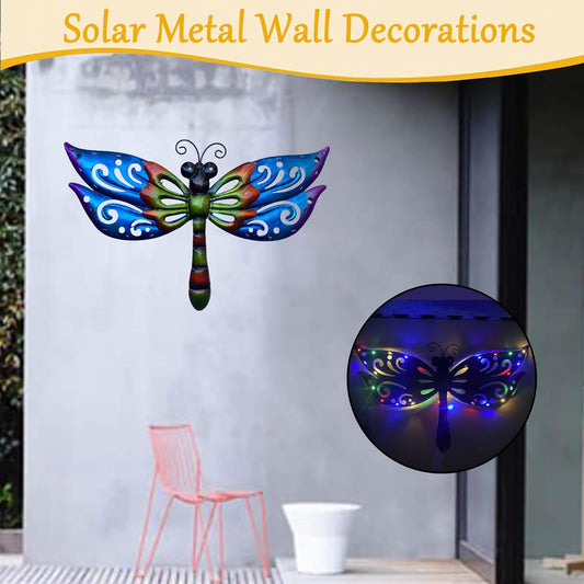 WAIU Solar LED Dragonfly Metal Wall Art, Outdoor Waterproof Garden Lights for Yard Fence Patio Outside Decor