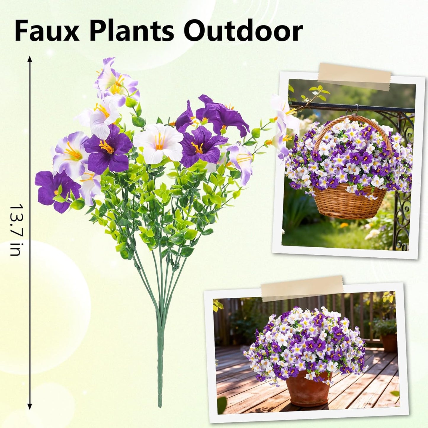 10PCS Outdoor Faux Petunia Flowers UV Resistant Artificial Fake Flowers Greenery Eucalyptus Plants for Spring Summer Garden Patio Window Box Planter Home Decor (Purple White)