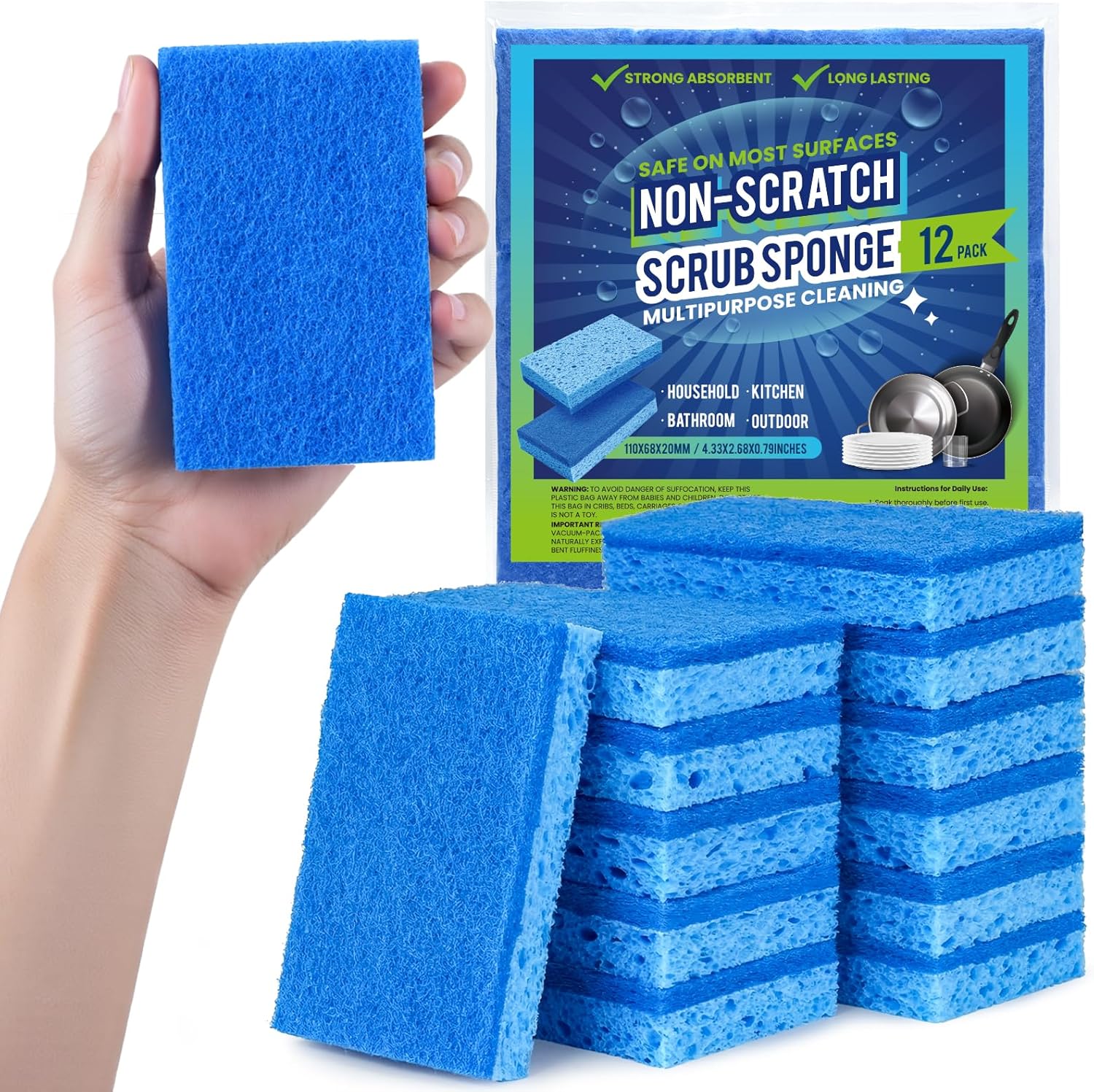 Kitchen Sponges, 12 Count, Non-Scratch Scrub Sponge, Dual Sided Cleani