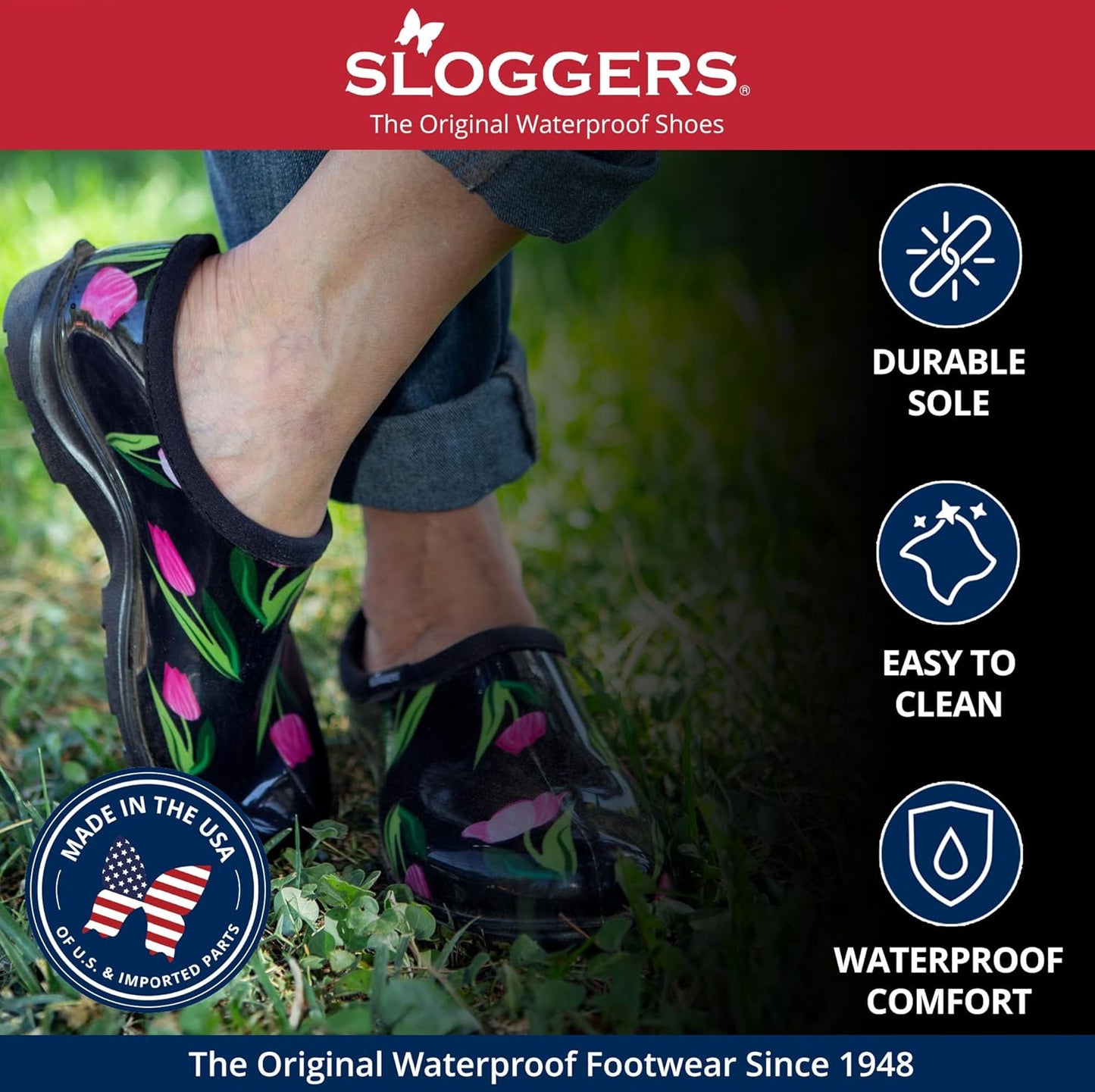 Sloggers Original Waterproof Rain and Garden Shoe for Women– Outdoor Slip-On Garden Clog - Made in The USA with Premium Comfort Insole and Arch Support