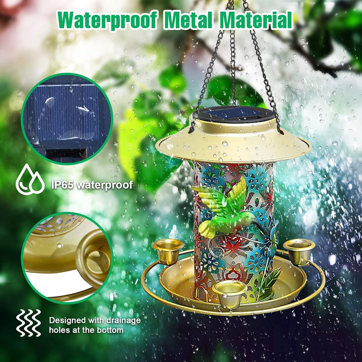 Solar Bird Feeder for Outdoors Hanging, Metal Waterproof Hummingbird Feeders Outside Wild Bird Feeders with 3 Water Feeder Cups and LED Light, Gift for Birds Lovers, Garden Lantern Decoration