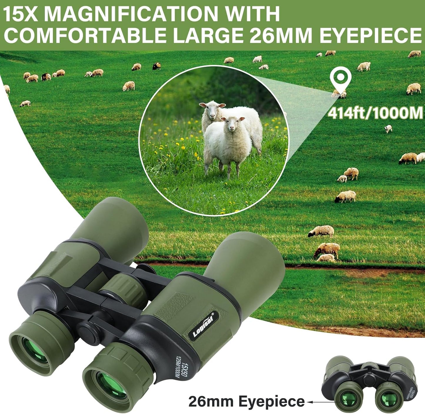 15x50 HD Binoculars Spotting Scope for Birding for Adults High Powered - Large View Compact Binoculars with Low Light Vision, Waterproof Hunting for Bird Watching