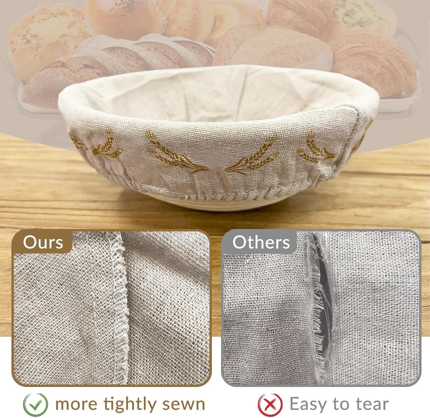 SNAIL GARDEN Bread Proofing Basket Cloth Liner - 3 Oval (10") & 3 Round (9"), Wheat Pattern Reusable Banneton Basket Liners, Linen Cotton Proofing Basket Covers for Bread Making