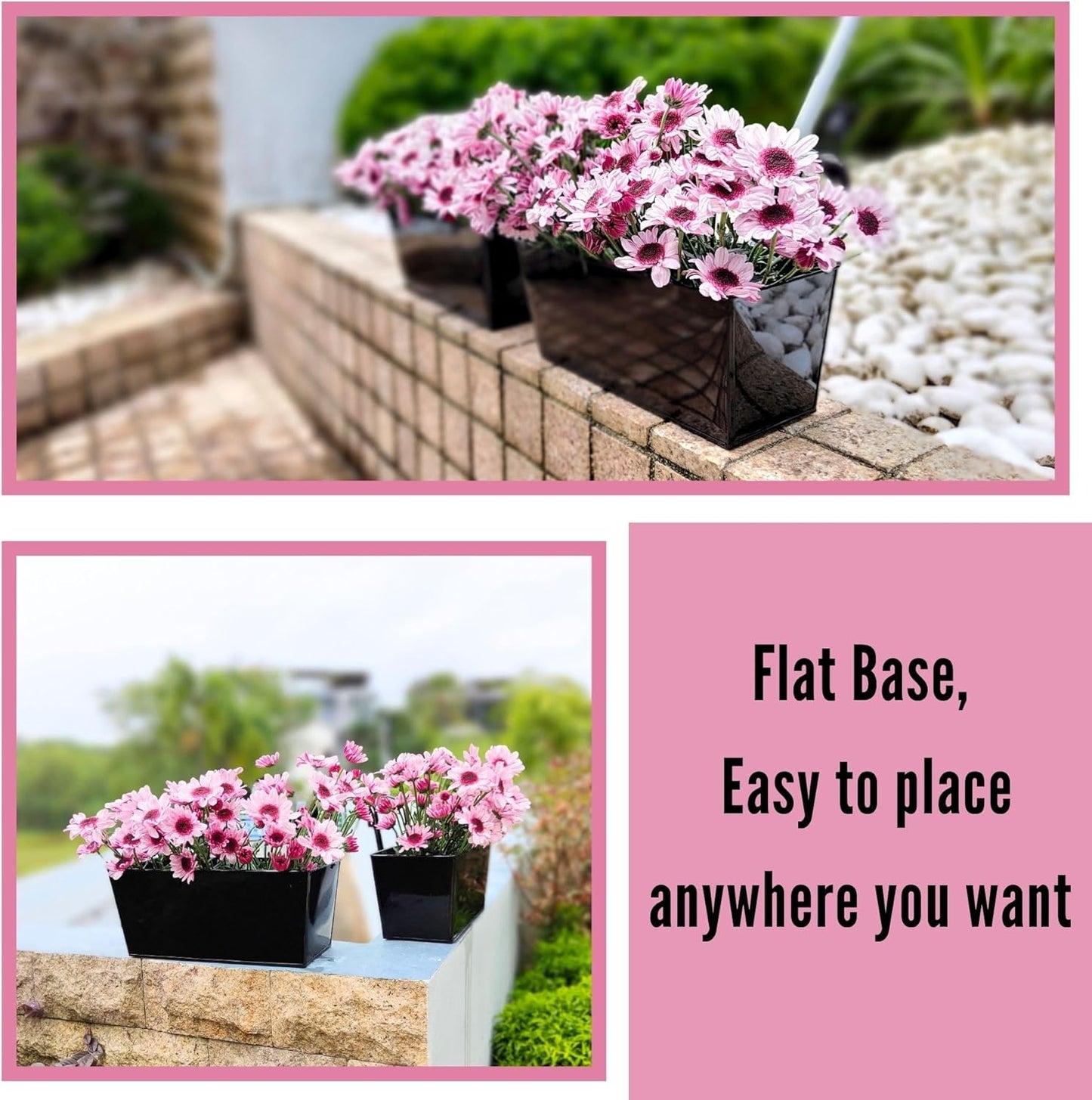 LaLaGreen Railing Planter (4 Pack, 14 Inch) Black Metal Rectangle Hanging Flower Pots Balcony Bucket Deck Rail Fence Trendy Long Strawberry Succulent Plant Holder Farmhouse Countryside Style Outside