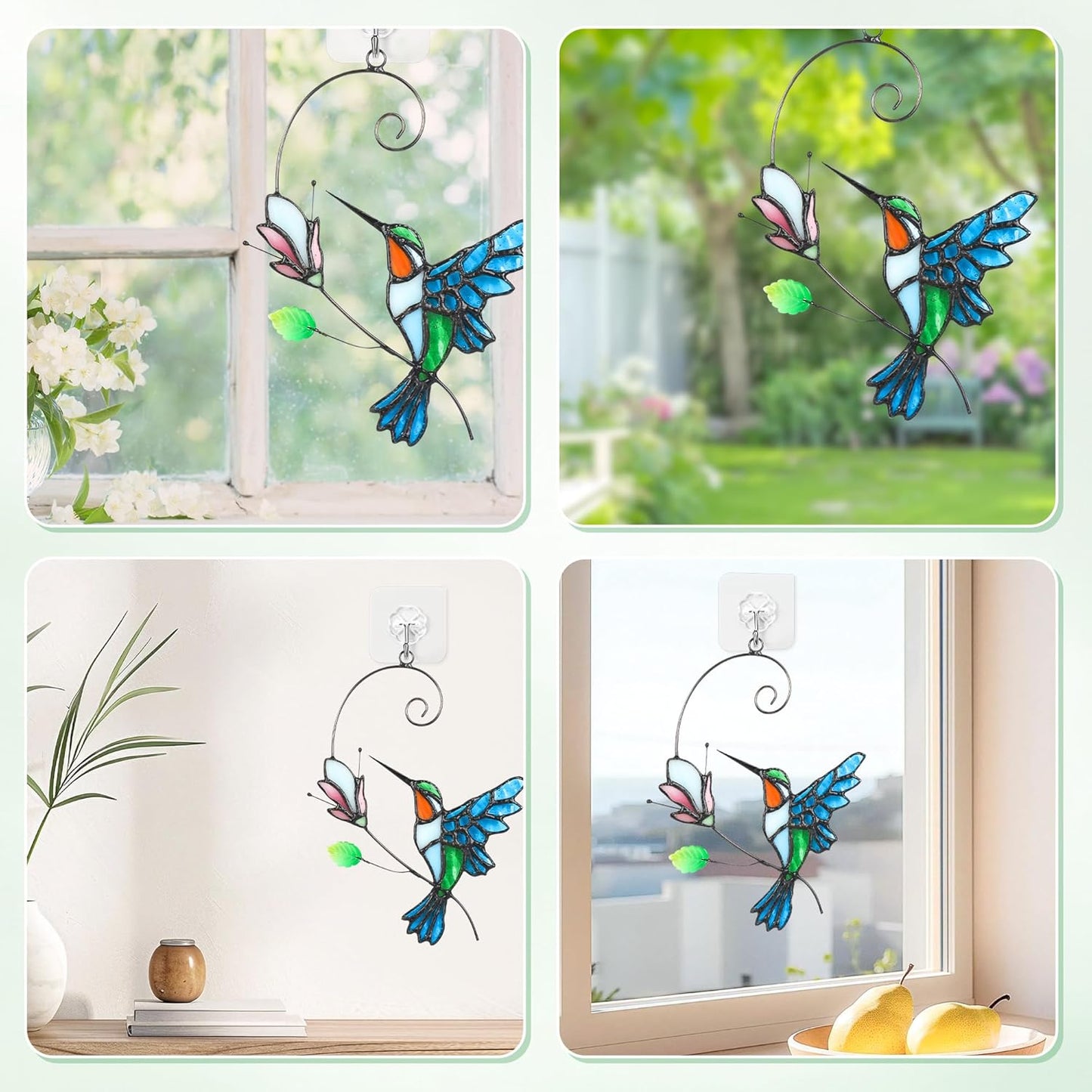 Hummingbird with Flower Stained Glass Birds Suncatcher Window Hangings Bird Suncatcher for Window Home Decor Handmade Hummingbird Gifts for Bird Lovers
