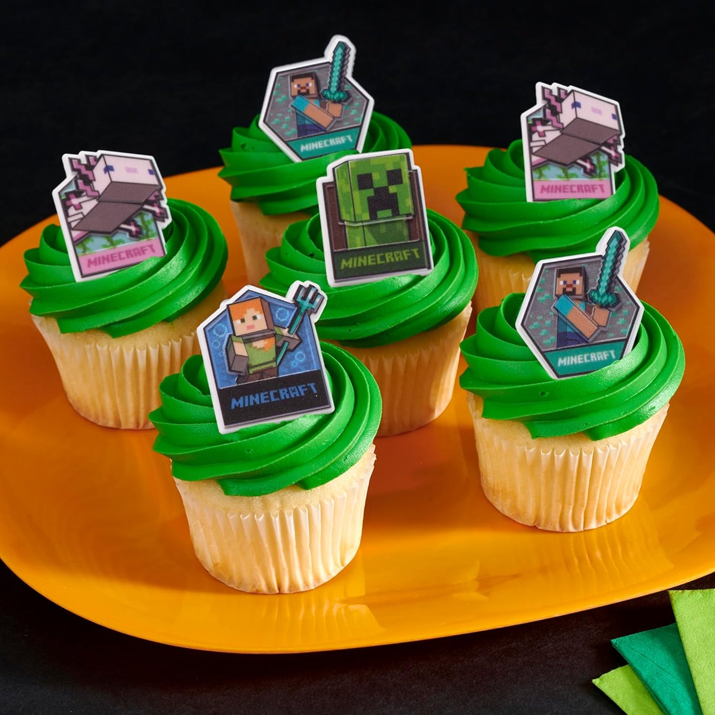 DecoPac Minecraft Lush Finds Rings, Cupcake Decorations Featuring Creeper, Alex, Steve and Axolotl! Multicolored 3D Food Safe Cake Toppers – 24 Pack