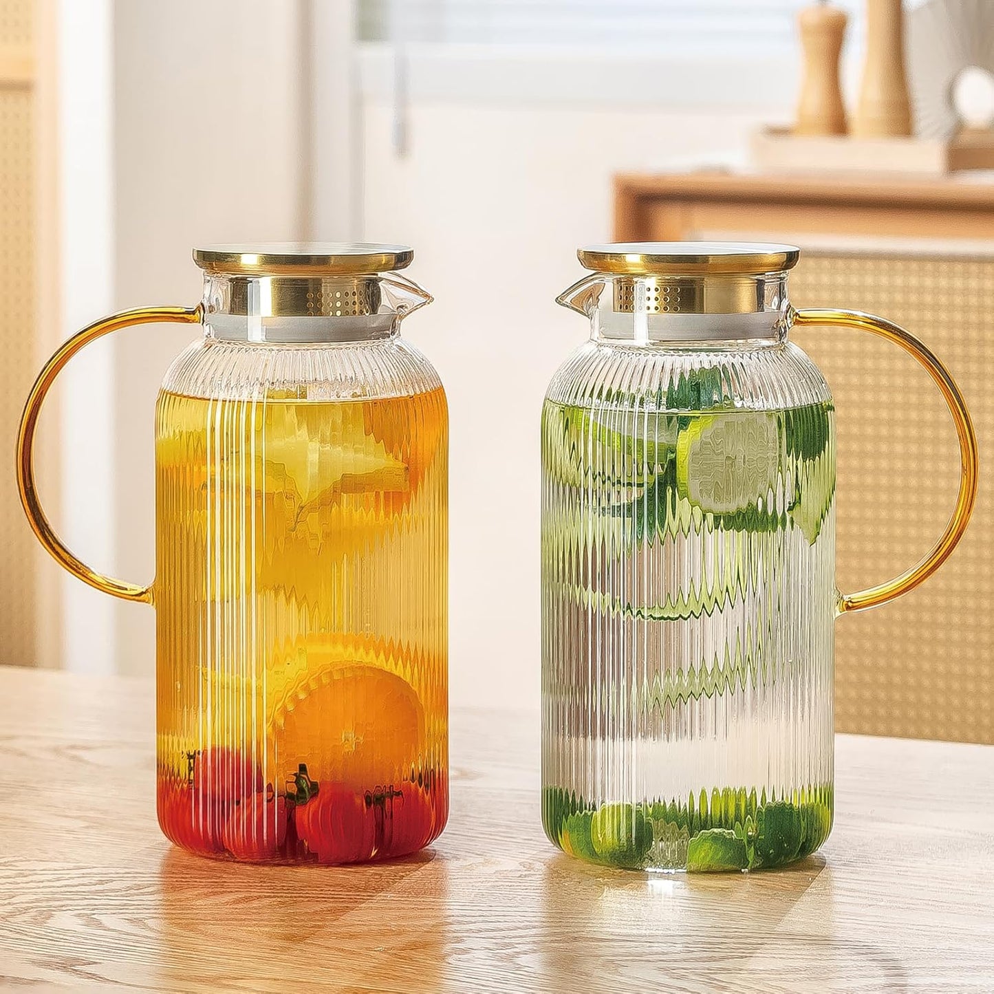 2 PACK Glass Pitcher with Lid, 68 oz/ 2 Liter Classic Vertical Stripes Water Pitcher with Handle,Glass Water Carafe for Cold Brew, Coffee, Lemonade, Iced Sun Tea,Beverage,Heat Resistant