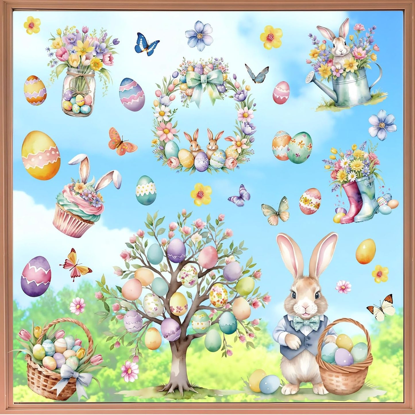 9 Sheets Easter Window Clings for Glass Windows - Watercolor Bunny & Egg Holiday Window Stickers - Spring Decorations for Home, Office & Classroom - Double-Sided Static Decals