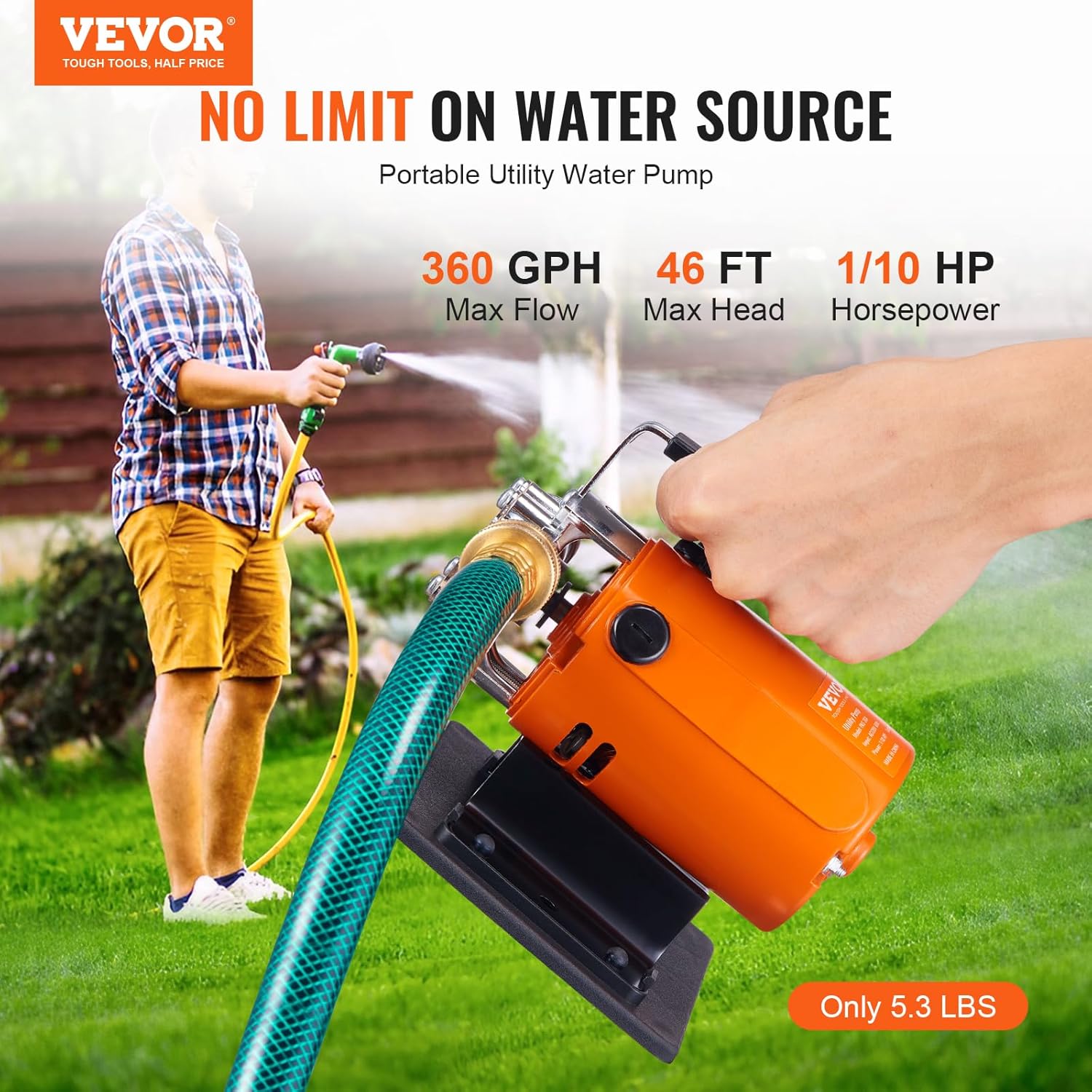 VEVOR Water Transfer Pump 115V, Utility Pump, 360 GPH Larger Flow, 46F