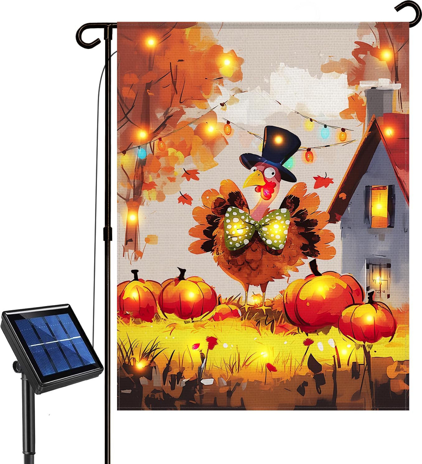 Thanksgiving Lighted Fall Garden Flag, Solar Outdoor Decorative Led Flags Yard Decor, 8 Lighting Modes Led Flag,12x18 Double Sided Turkey Pumpkin Halloween Decorations for Home Porch Outside