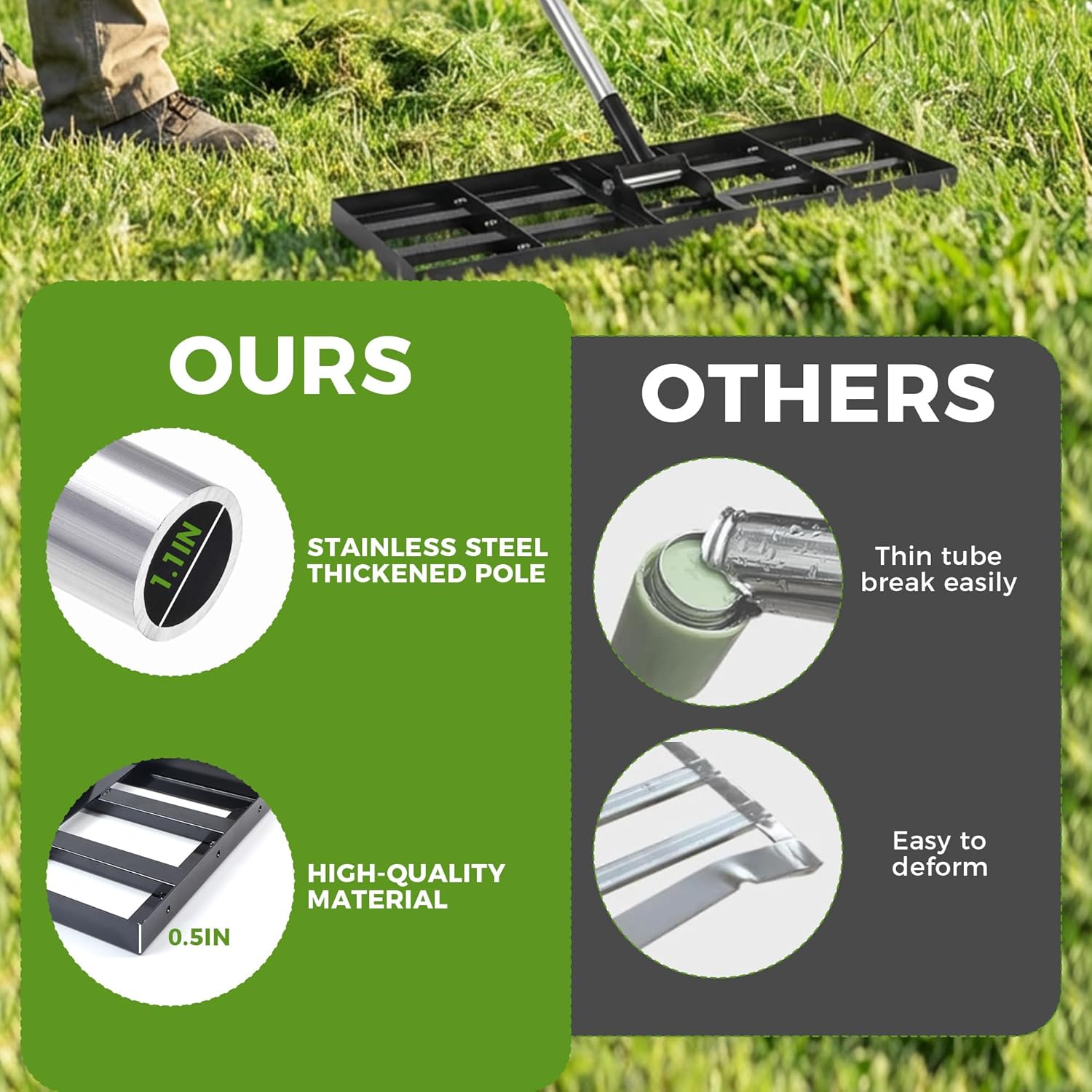 Lawn Leveling Rake, 30"x10" Stainless Steel Lawn Leveler with 76" Adju