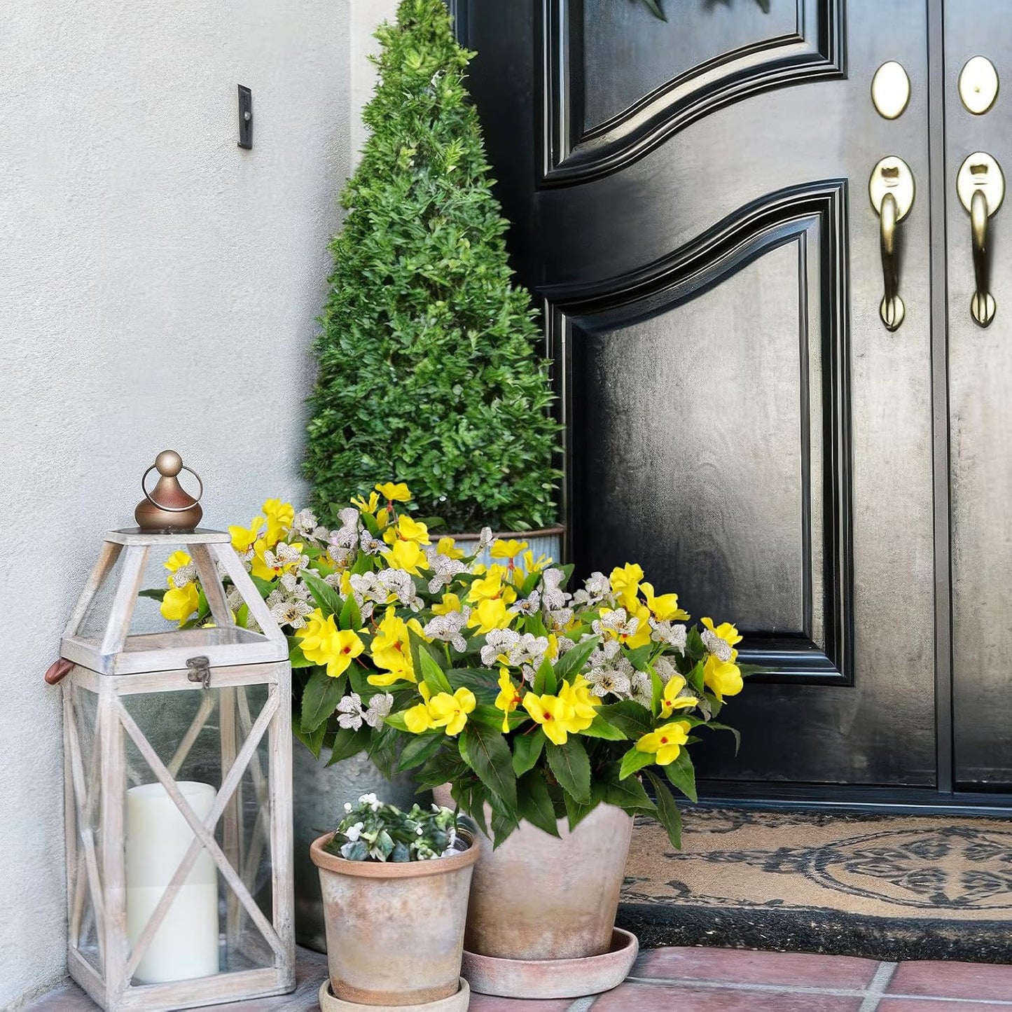 6 Pcs Artificial Flowers for Outdoors Impatiens Yellow Silk Violet Daisies Flowers Outside White UV Resistant Faux Impatiens Flowers for Outdoor Planters Pot Patio Hanging Basket Porch Decor
