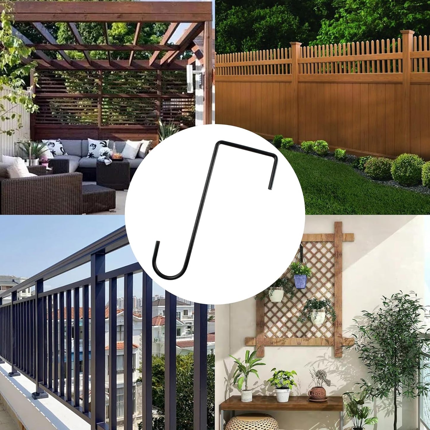8Pcs 3 x 8 Inches Black Vinyl Fence Hooks, Light Vinyl Siding Hooks for Outdoor String Lights, Hanging Outdoor, Deck Bird Feeder Hanger for Railing, Plant Hangers(8Pcs, Black)