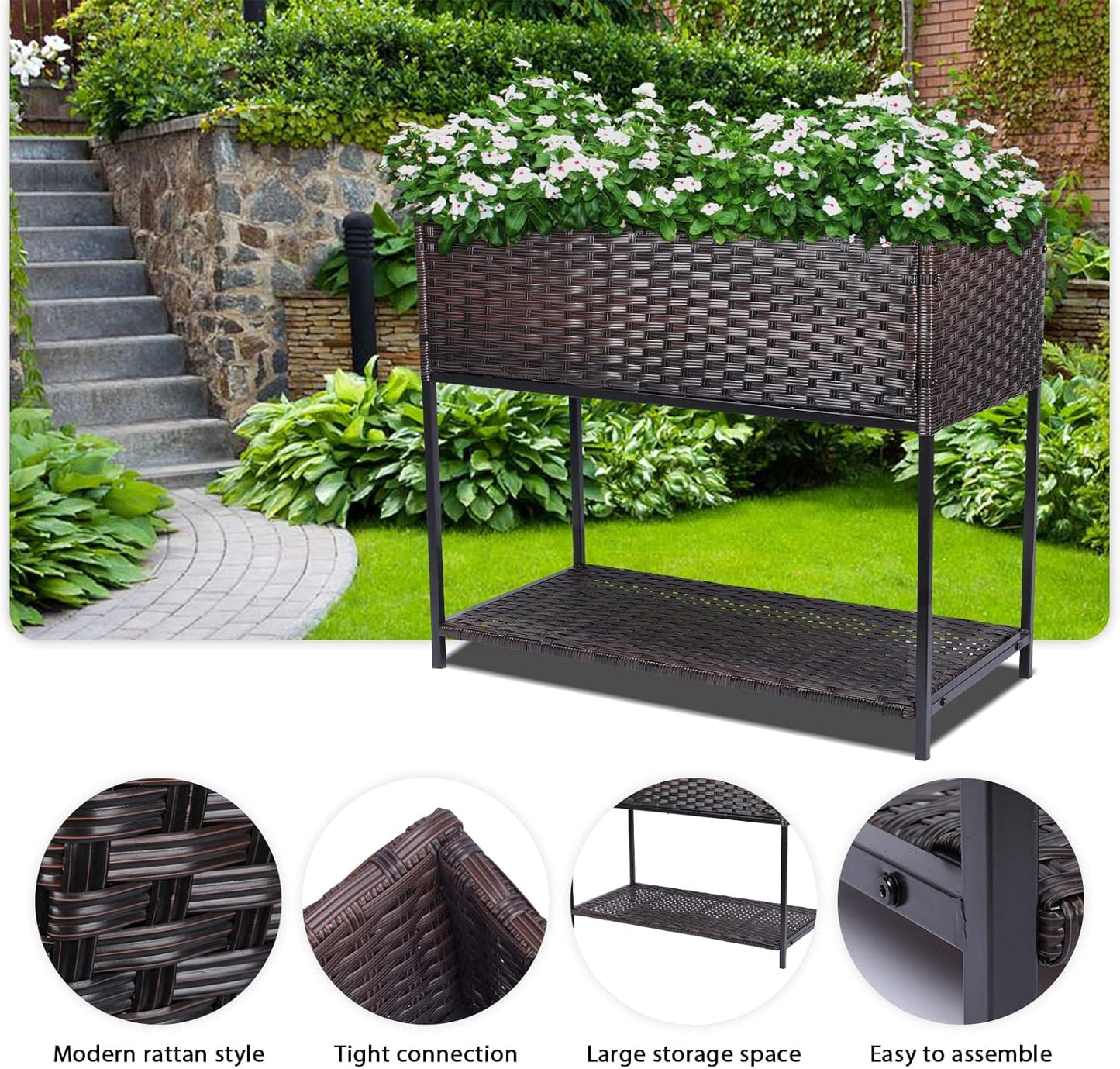 Raised Garden Bed - Rattan Raised Bed Wicker Elevated Raised Garden Bed with Underneath Tool Storage Rack Outdoor Raised Planter Box