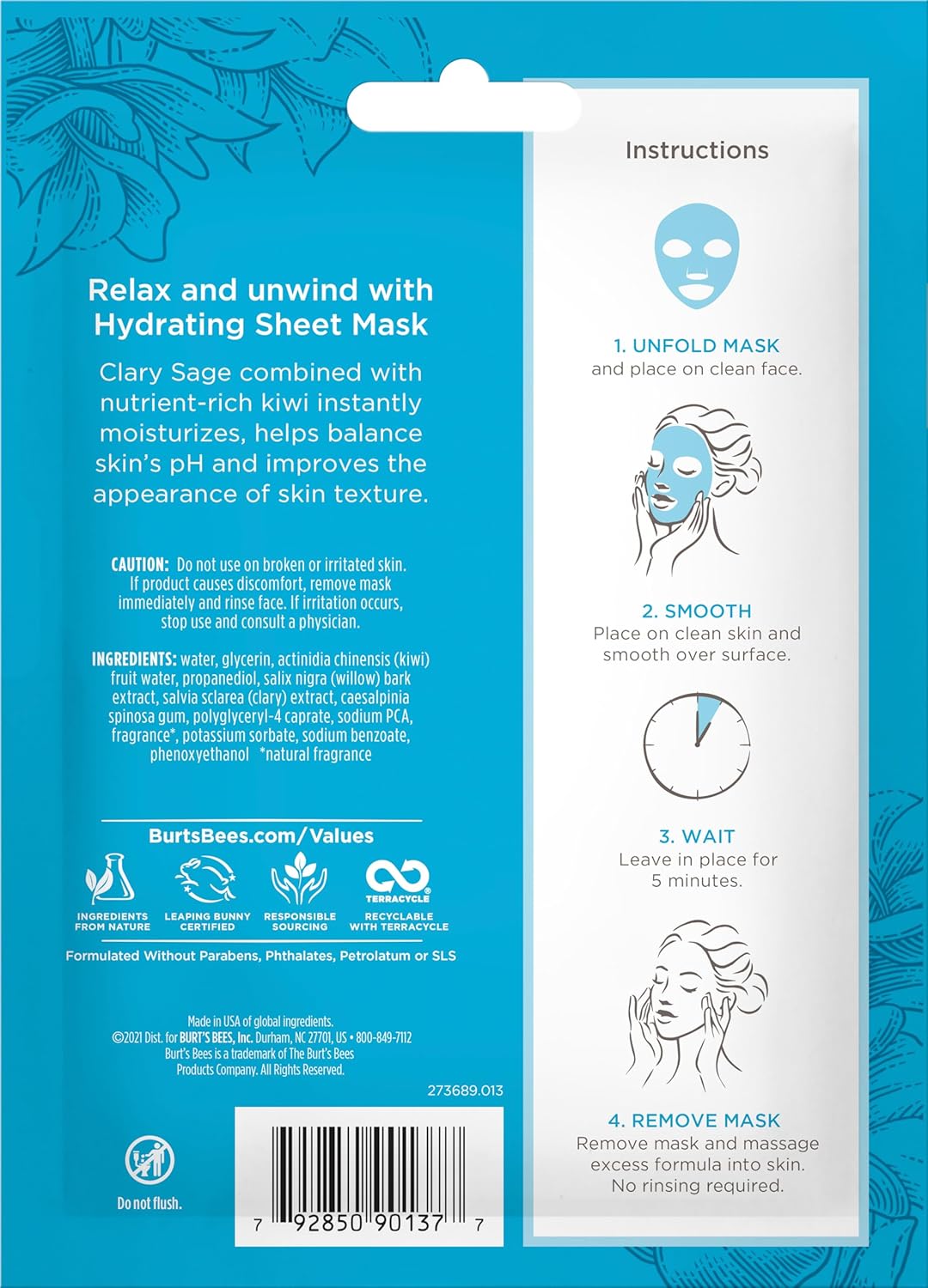 Burt's Bees Hydrating Face Mask with Clary Sage, Single Use Sheet Mask