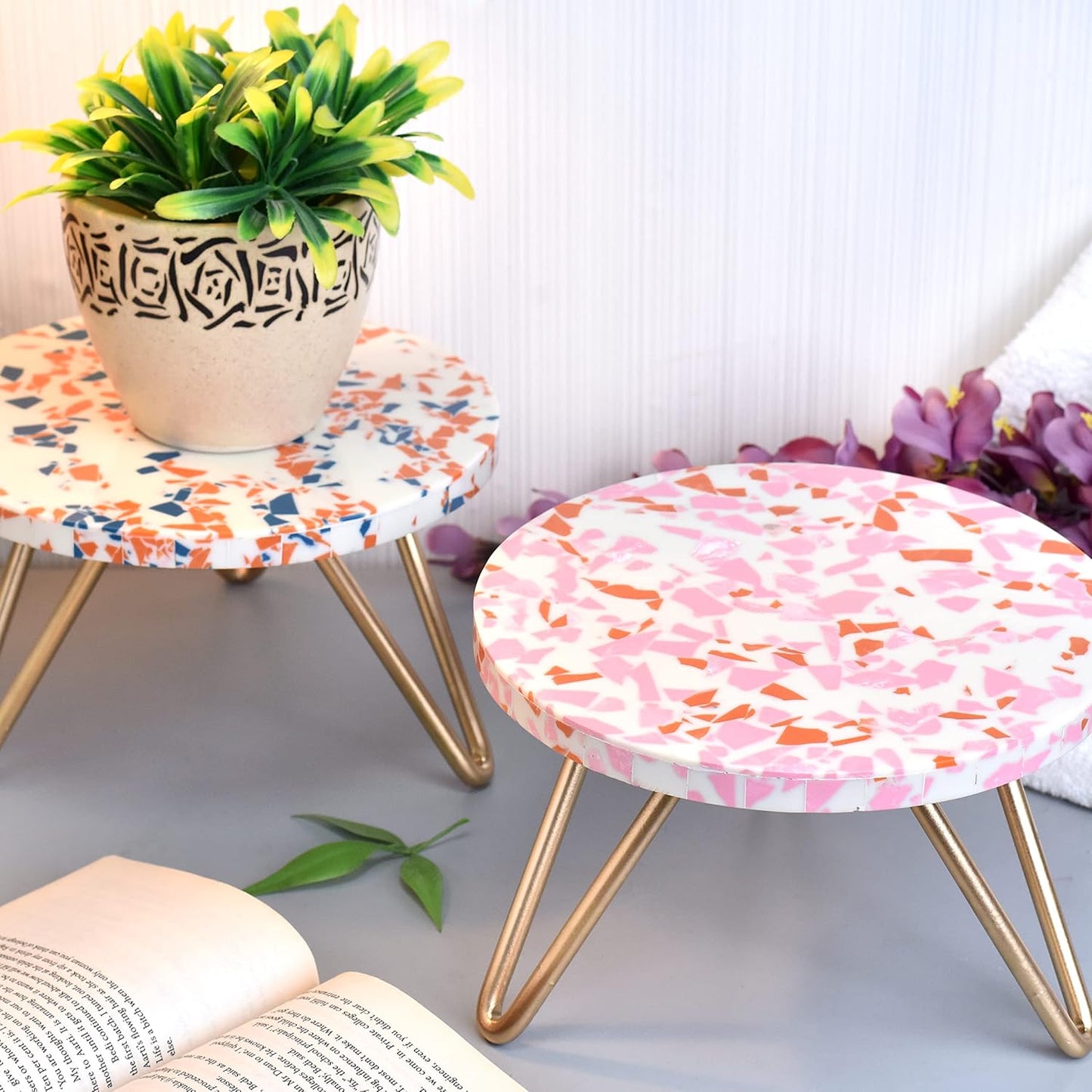 Indian Shelf Wedding Cake Stands | Wood and Resin Wooden Plant Stand | Terrazzo Reusable Cheese Dessert Fruit Serving Stand [Pink and Orange, 2 Pack]