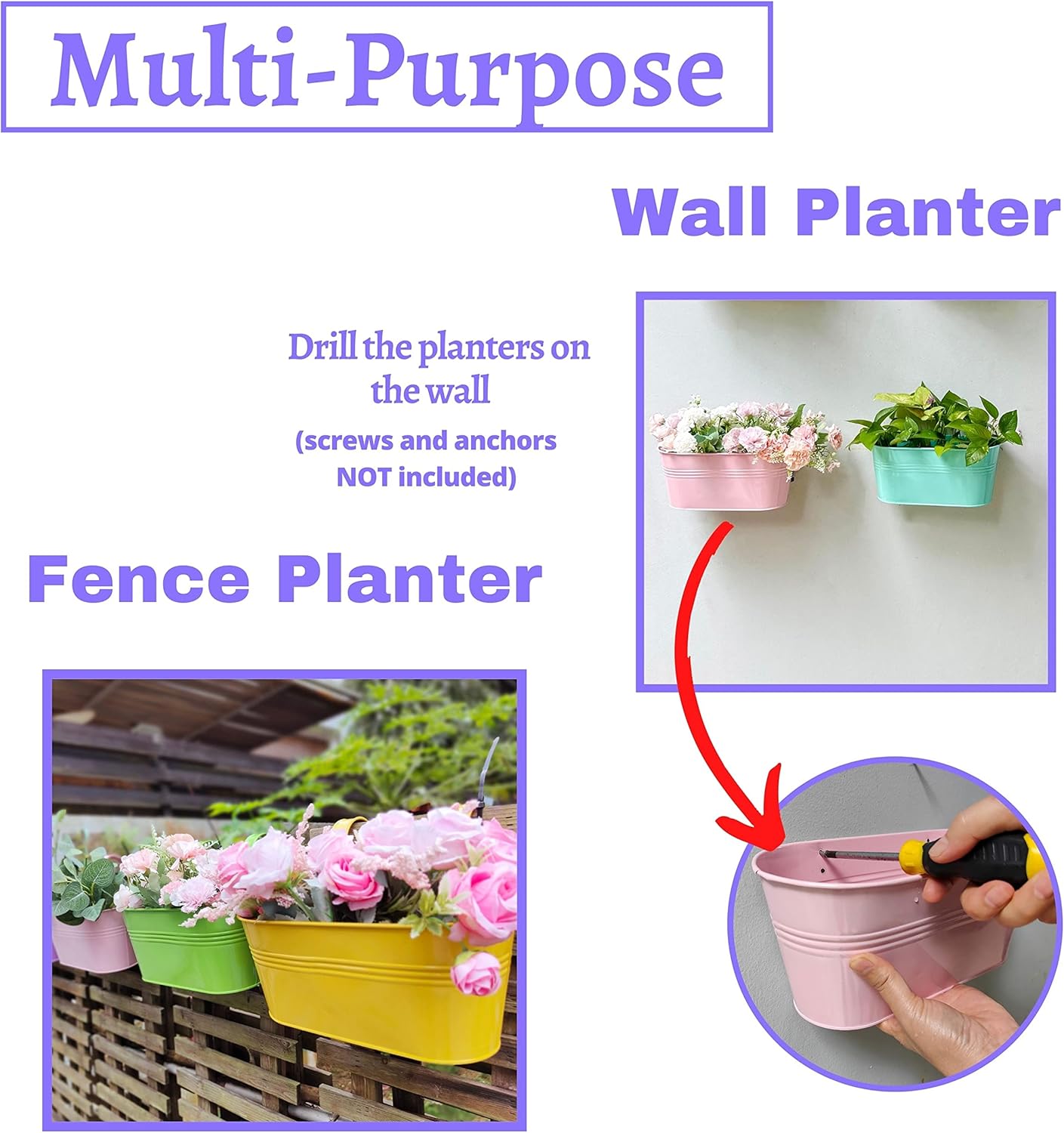 LaLaGreen Rail Planter Outdoor Plants (6 Pack, 9.8 Inch) Small and Cute Metal Iron Strawberry Hanging Flower Pot Deck Railing, Colorful Mini Fence Bucket Wall Mount Window Box Plant Holder Porch Decor