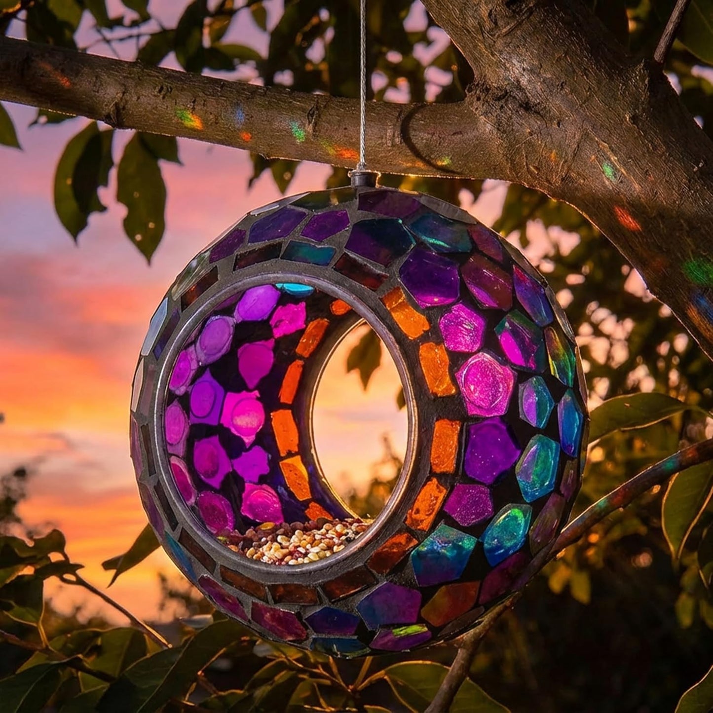 Sunnydaze 6-Inch Glass Mosaic Hanging Bird Feeder for Outdoors - Fly-Through Wild Bird Feeder - Iridescent Purple Mosaic