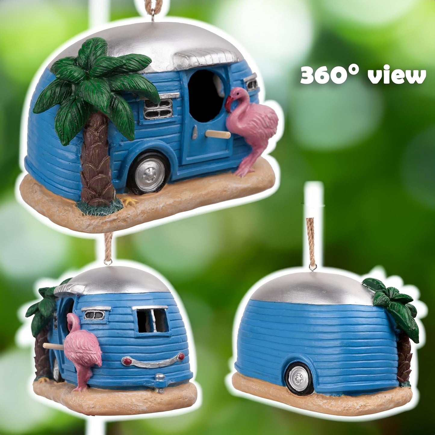 Bird Houses for Outside, Decorative Cute Resin Flamingo RV Hanging Bird House for Outdoor Patio Garden
