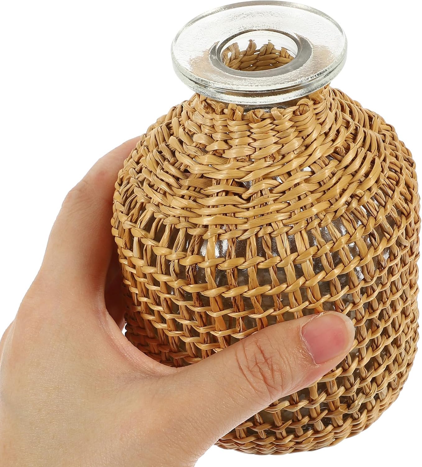 PRETYZOOM Woven Rattan Flower Vase with Glass Insert, Handcrafted Japanese Style Decorative Planter Pot for Home Décor, Living Room Table Centerpiece, Rustic Boho Plants Container