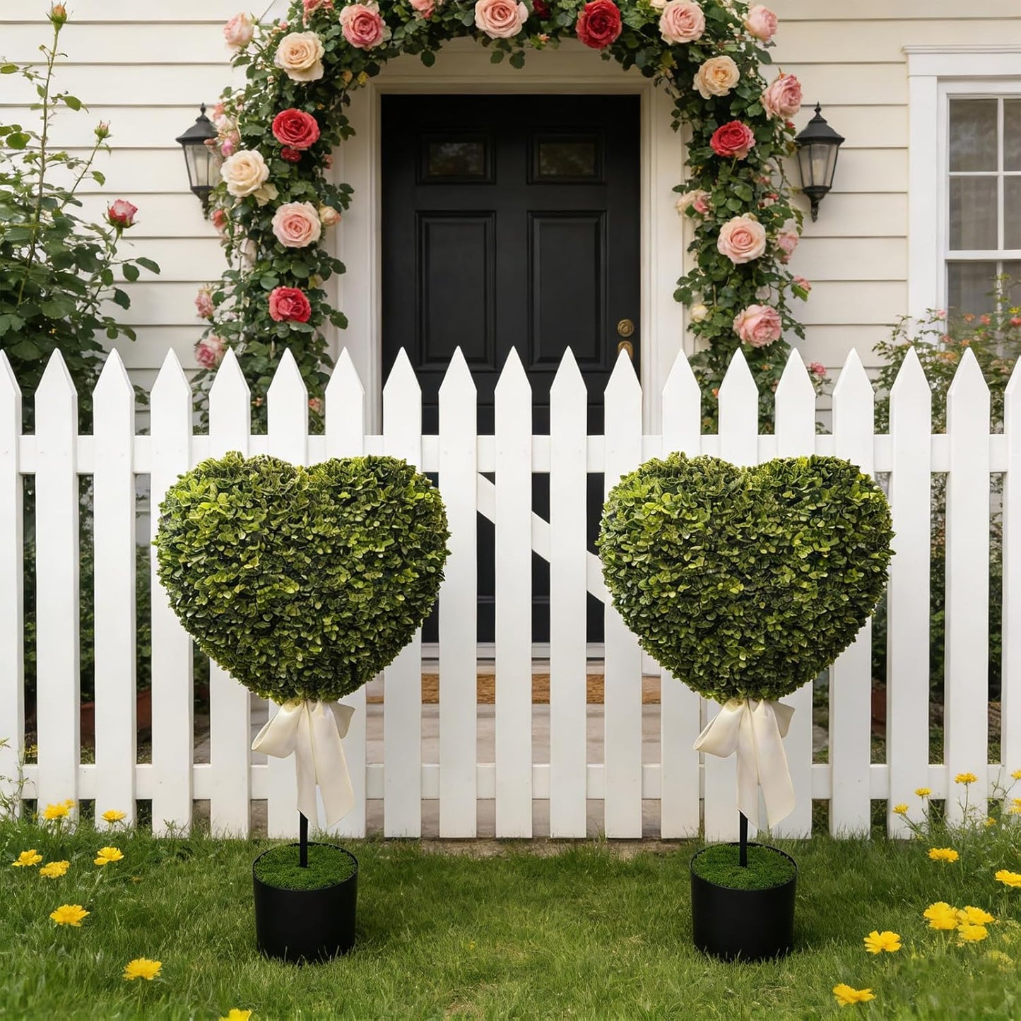 Valentine ' s Heart Shaped Outdoor Decor, 2 Sets Artificial Trees with Balls Planter Pots and Bow Tie Valentine ' s Heart Shaped Outdoor Decor