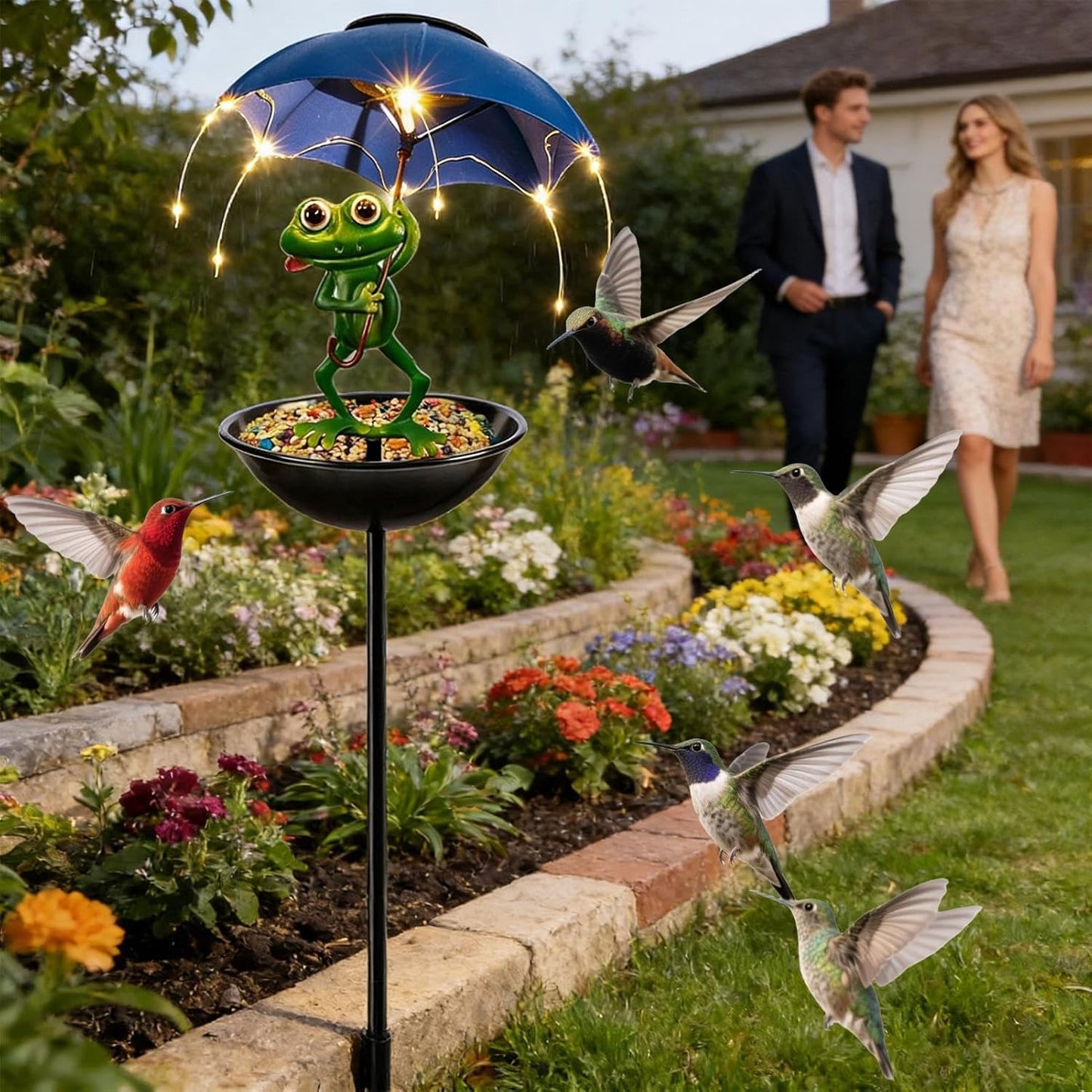 Outdoor Bird Feeder, Solar Frog Garden Light Decor, Bird Feeders for Outside, Garden, Backyard, Balcony, Outdoors, Ground, Landscape, Home Decoration