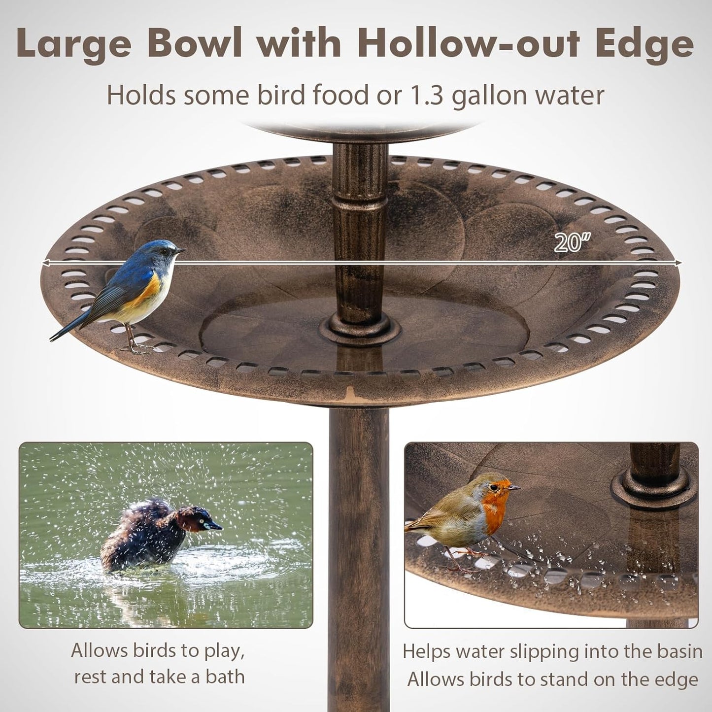 BECOMFORT Solar Bird Bath, Vintage Pedestal Birdbath with Solar Powered Lamp, Bird Feeder, Flower Planter Base & 3 Ground Stakes, Plastic Bird Bath for Outside, Garden, Yard & Outdoor (Bronze)