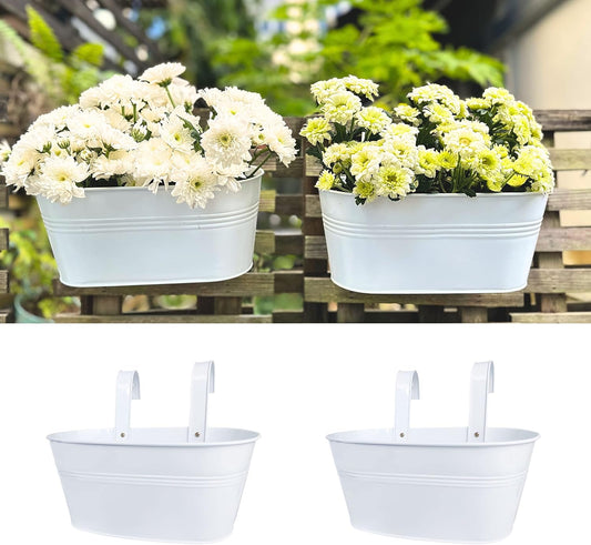 LaLaGreen Rail Planter Outdoor Plants (2 Pack, 9.8 Inch) Small and Cute Metal Iron Hanging Flower Pots Deck Railings White Fence Modern Garden Boho Style Wall Mount Window Box Plant Holder Porch Decor