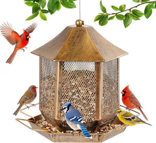 Bird Feeders for Outdoors, 3LB Capacity Metal Bird Feeder Wild Birdfeeders Outside Hanging, Vintage Bronze Rust-Resistant Birdfeeder for Garden Yard Balcony Decor, Easy Fill