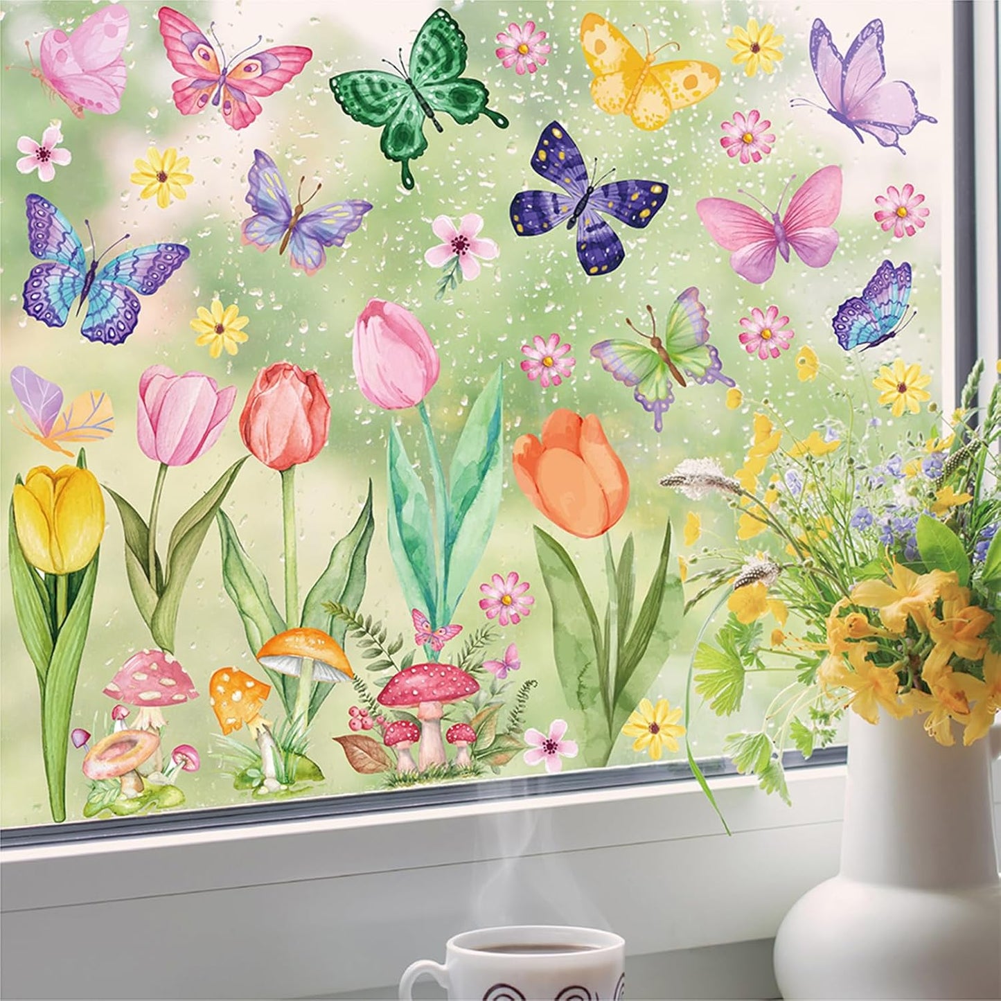 83 PCS Window Clings Spring Flower Window Stickers Decorations for Glass Windows, Easter Tulip Butterfly Flower Window Decals