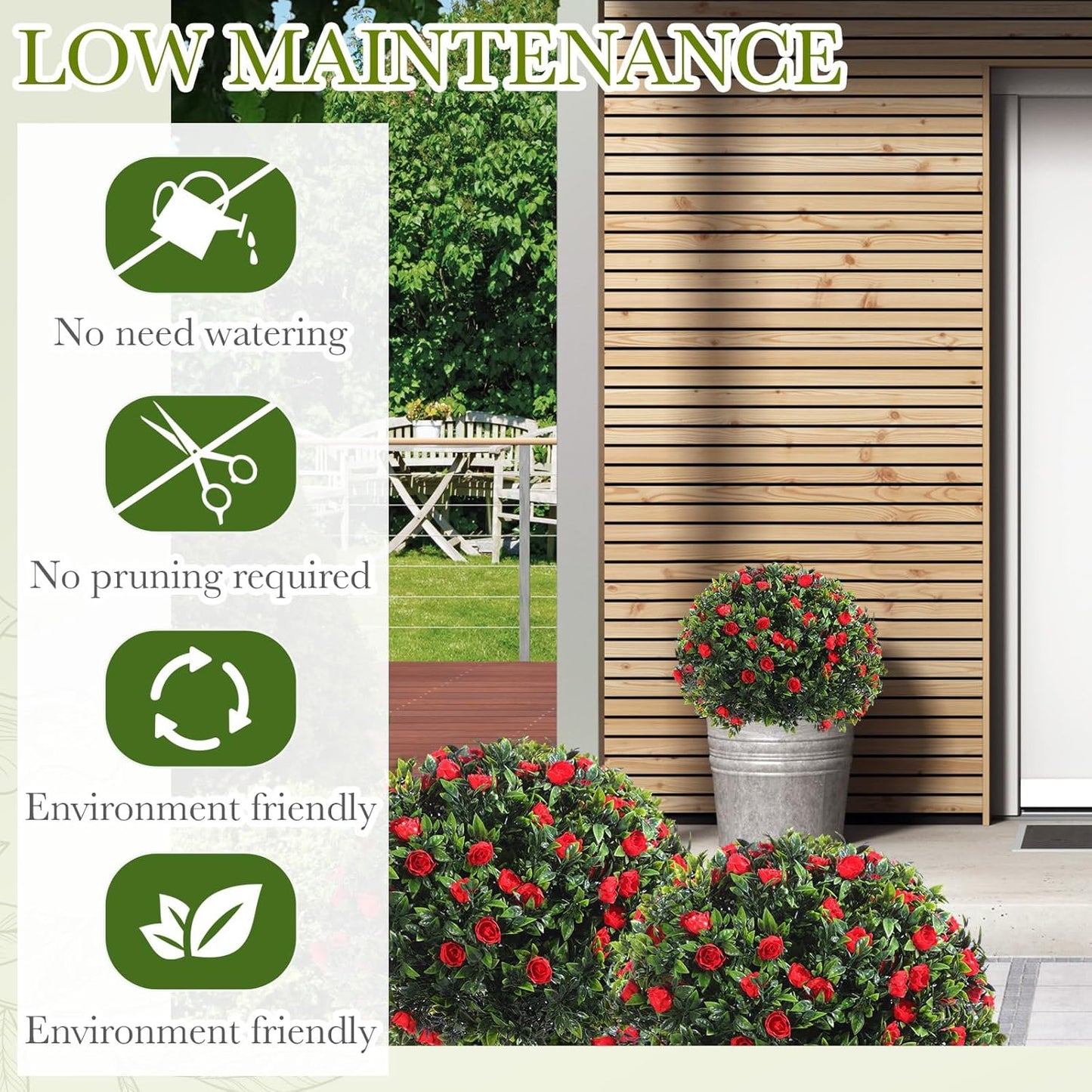 Yunlly 4 Pack Artificial Boxwood Topiary Ball Tree with Faux Rose Bush 18 Inch Outdoor Faux Topiary Shrub with Ground Spike, UV Resistance Fake Plant for Garden Porch Patio Indoor (Red)
