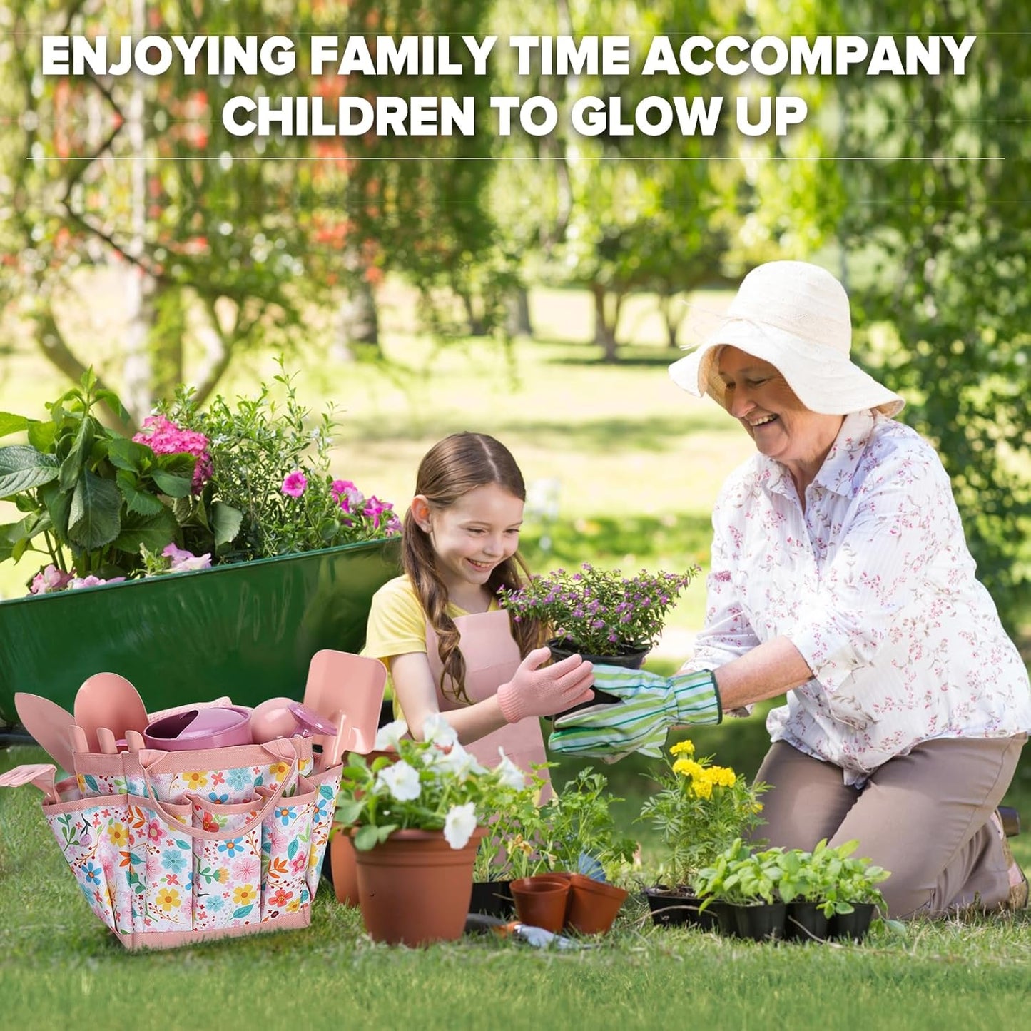 Kids Gardening Set 14Pcs Garden Tools with Tote Bag,Watering Can, Shov
