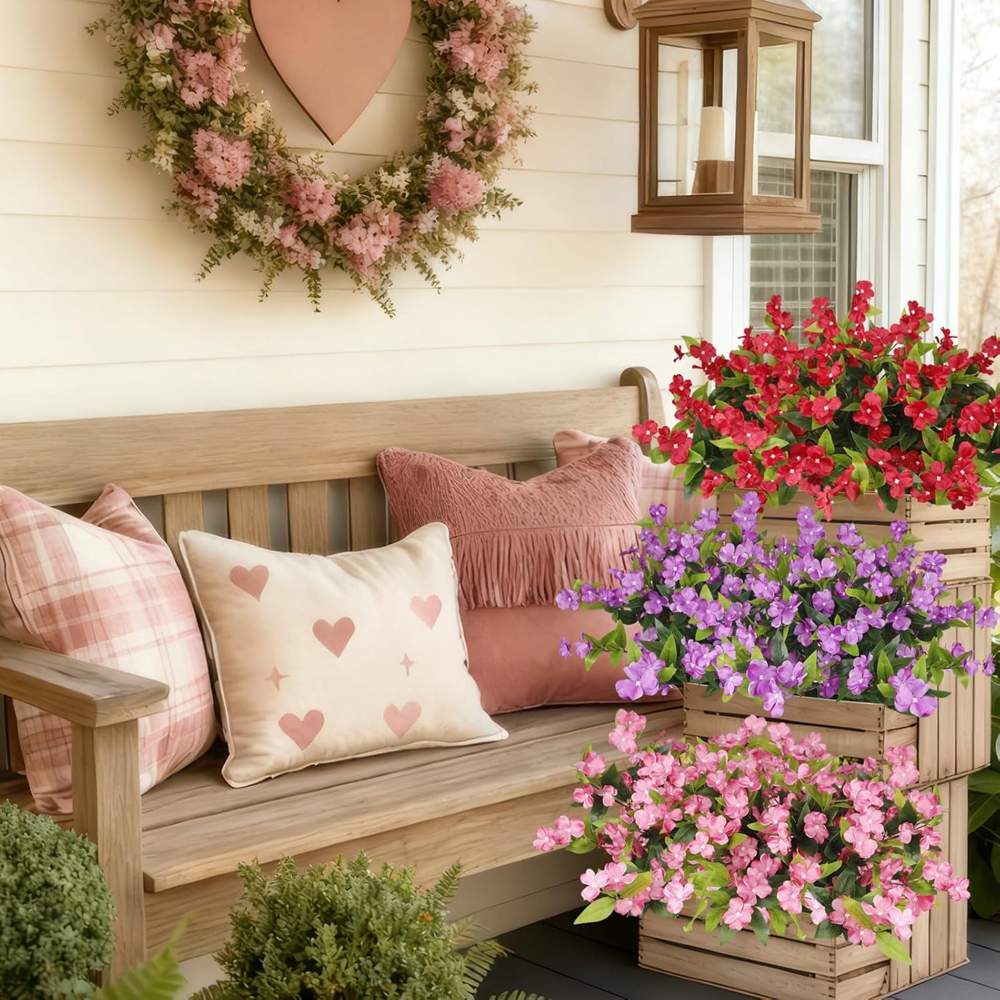 Artificial Flowers for Outdoors 2Pcs Faux Impatiens for Outdoor Planters UV Resistant Purple Silk Flowers Outside Artificial Impatiens Plants Bush for Front Porch Patio Garden Pot Balcony Decor