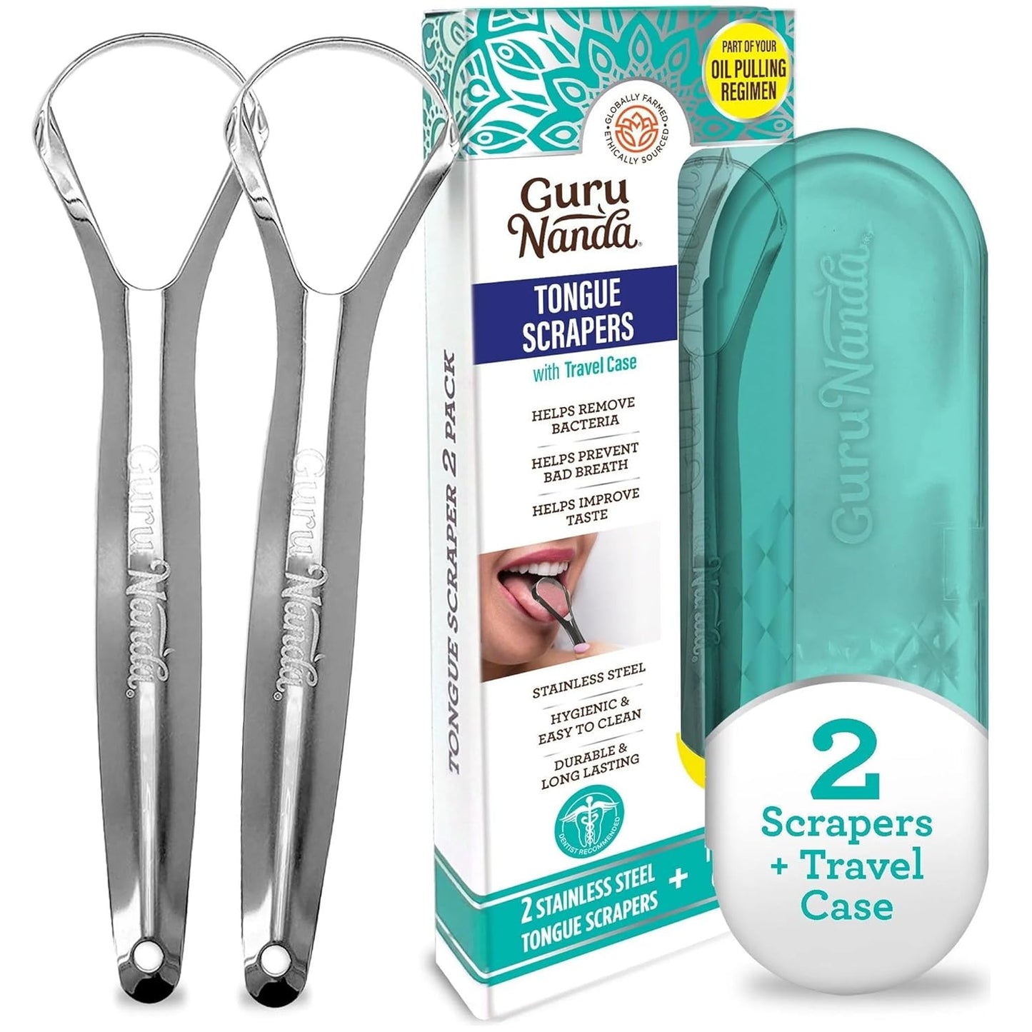 GuruNanda Tongue Scraper for Adults (2 Pack) with Travel Case, 420 Med