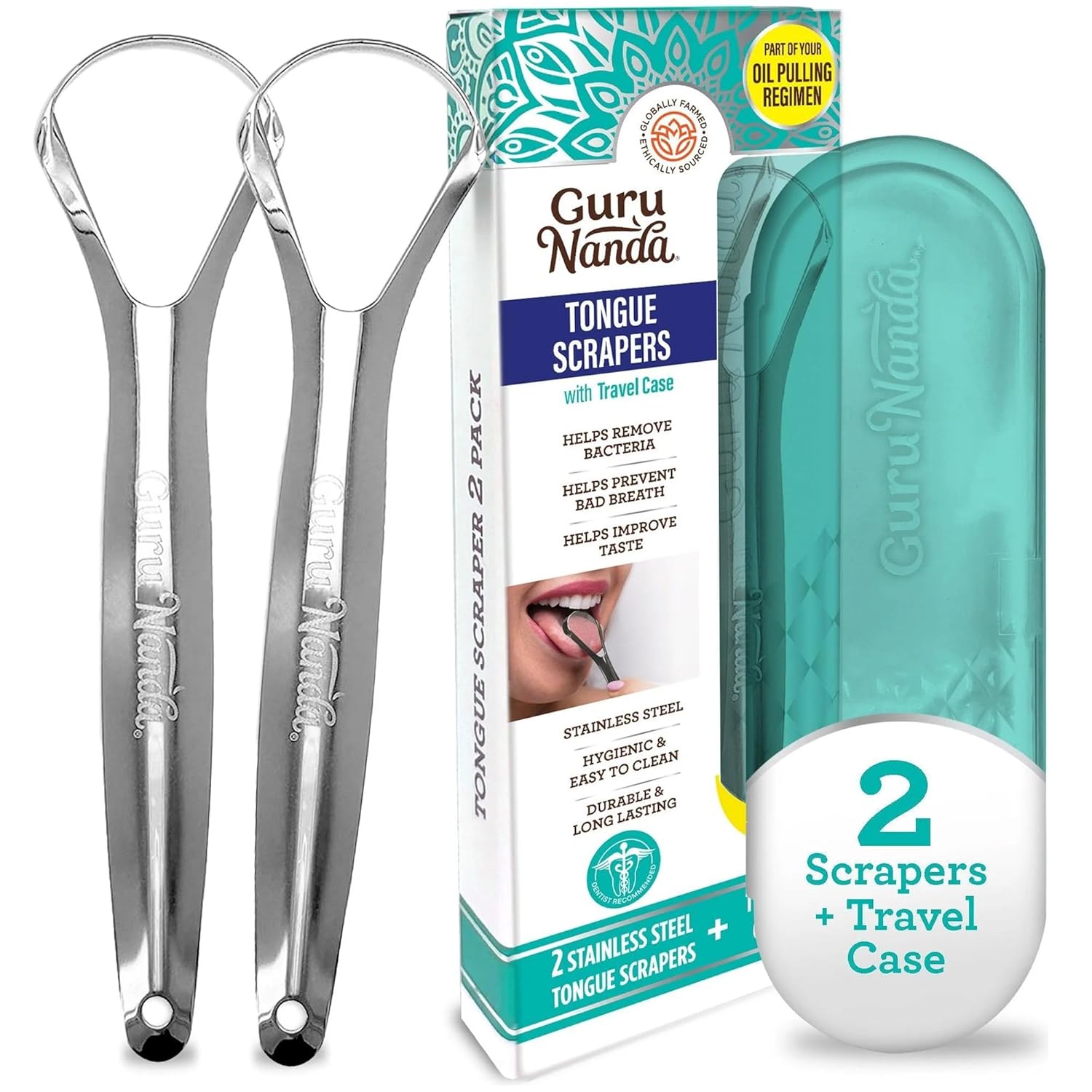 GuruNanda Tongue Scraper for Adults (2 Pack) with Travel Case, 420 Med