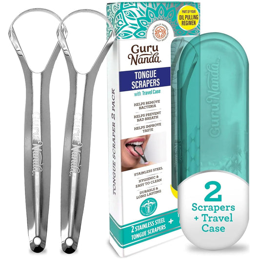 GuruNanda Tongue Scraper for Adults (2 Pack) with Travel Case, 420 Med