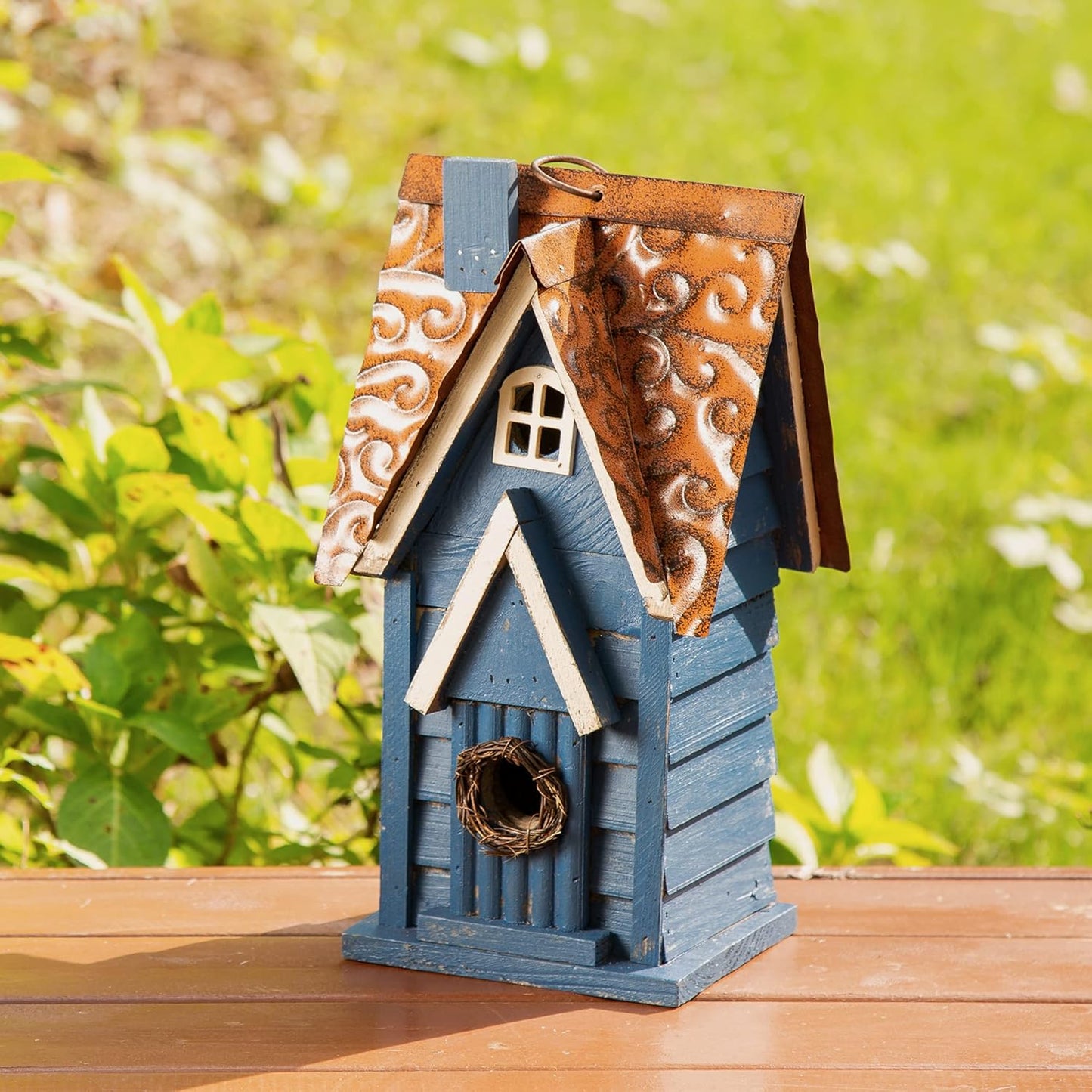 Glitzhome 12" H Hanging Birdhouse Retro Blue Distressed Wooden Cottage Garden Bird House for Outside