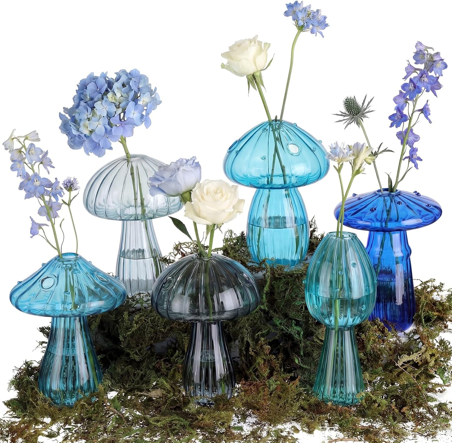 7 Pcs Mushroom Glass Propagation Vases 6 Colored Mini Cute Terrarium Plant Propagation Station Small Hydroponic Pots for Spring Easter Decor Flowers Decoration Gift Bedroom Kitchen (Blue)