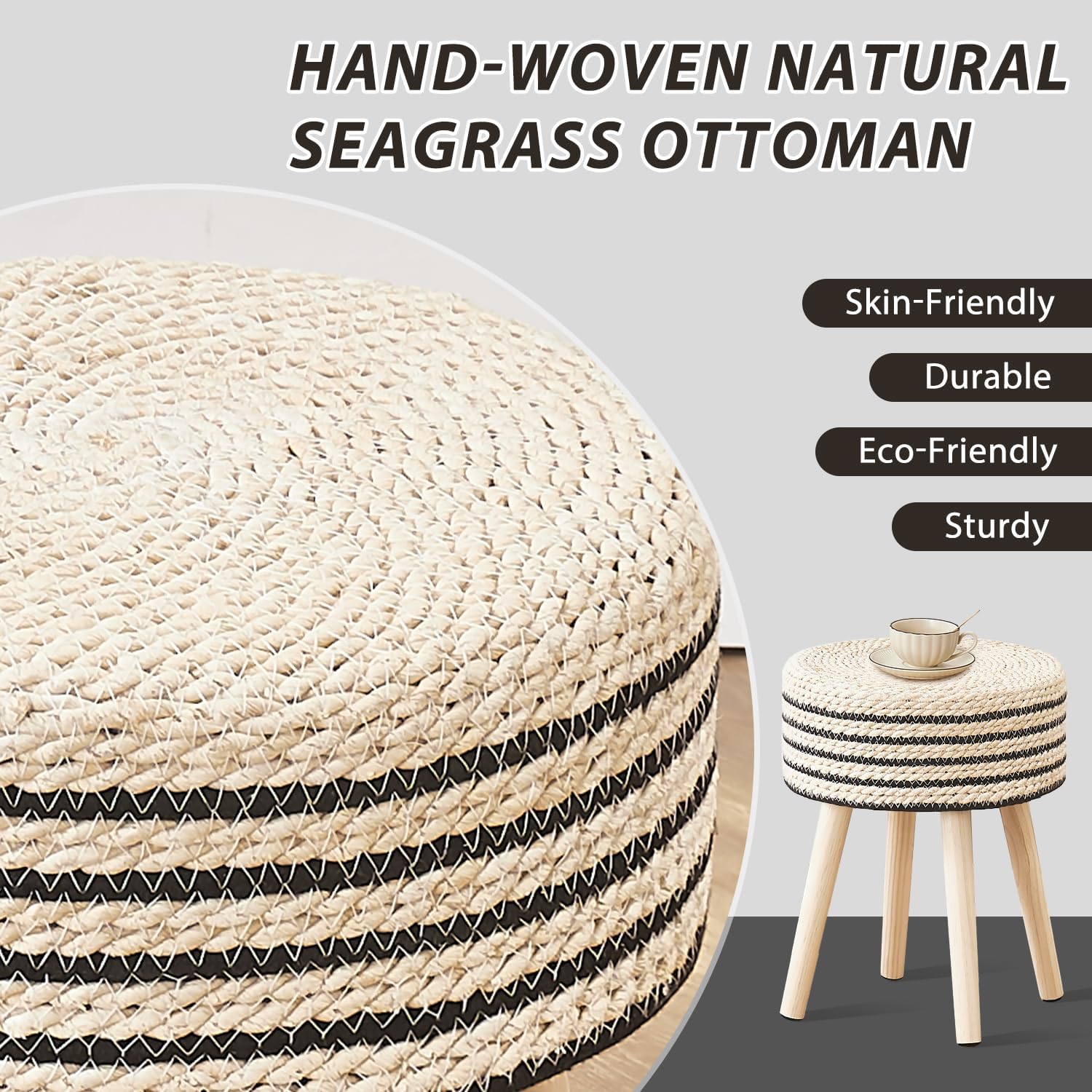 Cpintltr Round Ottoman Footstool Natural Seagrass Foot Stool Pouf Otto