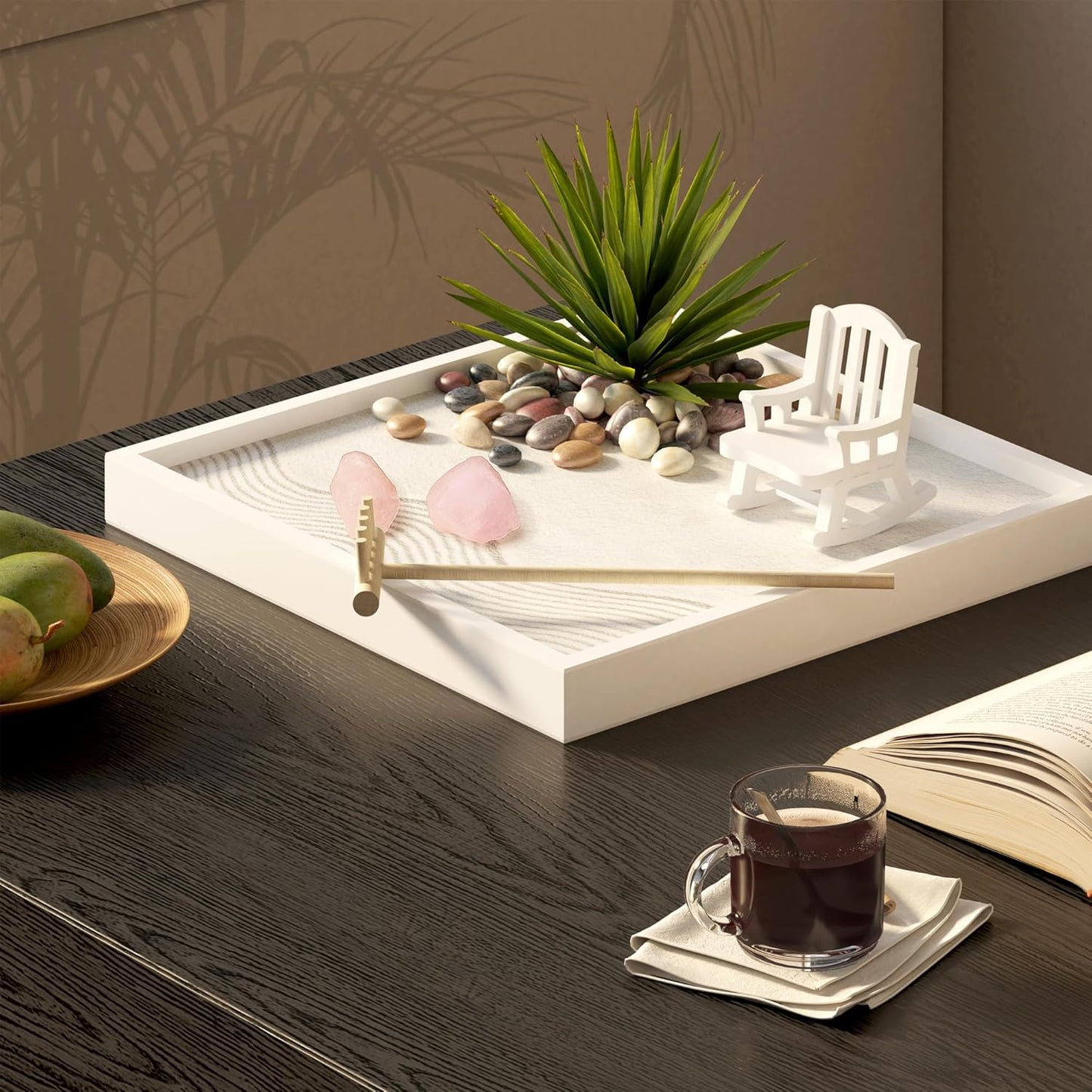 Zen Garden for Desk – White Modern Style with Healing Crystals and Sand Rake, Perfect for Home, Office, and Desktop Decor, Meditation and Stress Relief