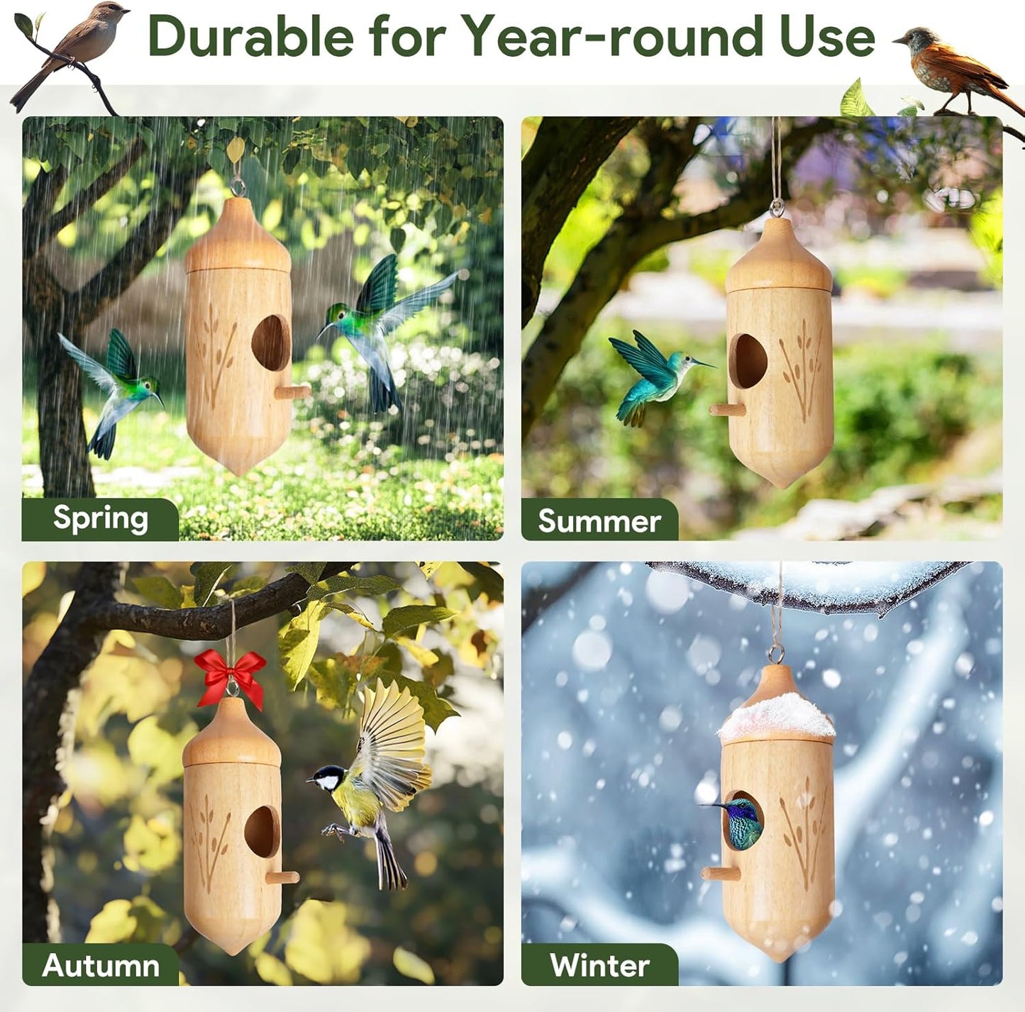 Hummingbird House, Wooden Hummingbird Houses for Outside Hanging, Humming Bird Nest Swinging, Wooden Bird Houses with Cotton, Bow, String, Gardening Gifts Decoration (3 Pack)