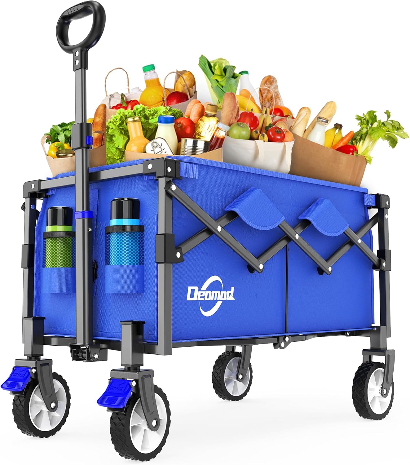 Collapsible Wagon Cart Foldable with 200lbs/80L Weight Capacity, Utility Grocery Shopping Cart with Wheels, Lightweight Portable Folding Wagon with Locking Caster, Blue