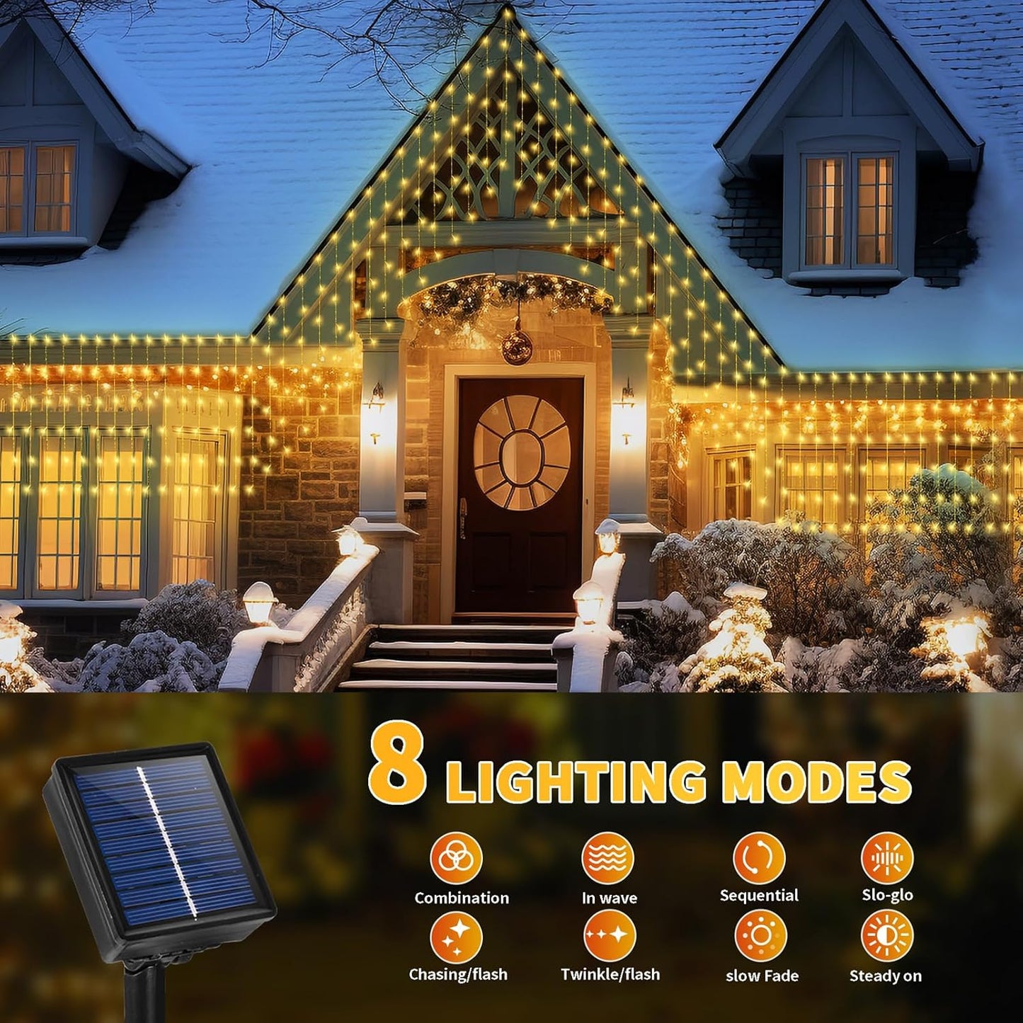 32.8 * 3.28FT Large Size Solar Curtain Icicle Lights Outdoor, 8 Modes Outdoor String Icicle Curtain Lights, Solar Christmas Garden Light for Patio, Gazebo, Eaves, Fence, Tree, Porch (Warm White)
