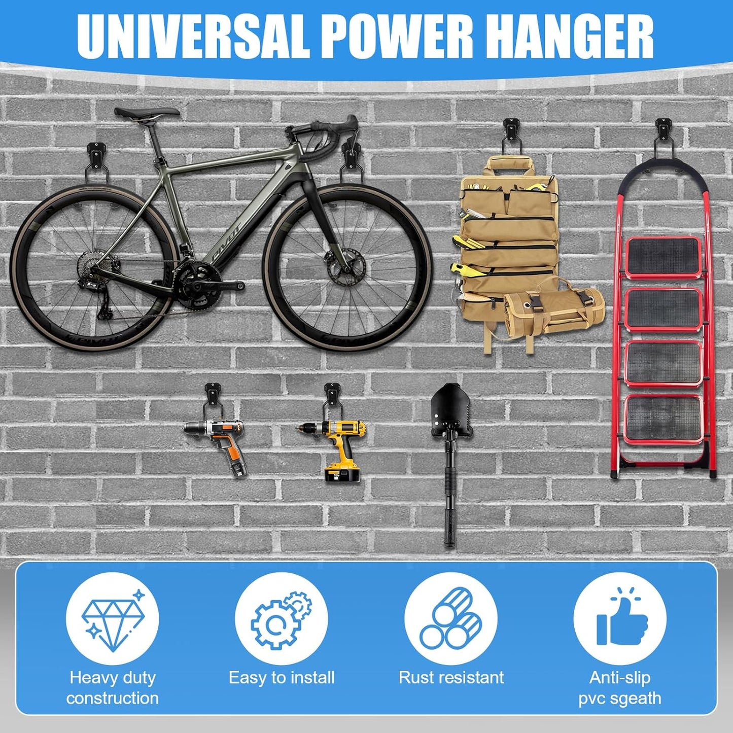 MAQUITA Garden Tool Wall Mount Rack, 4-Piece Steel String Trimmer Holder, Garage Storage Hook for Weed Eater, Leaf Blower, Lawn Equipment